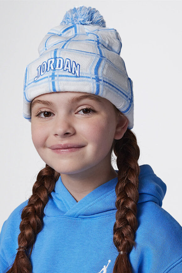 Holiday Plaid Pom-Beanie - White + Blue