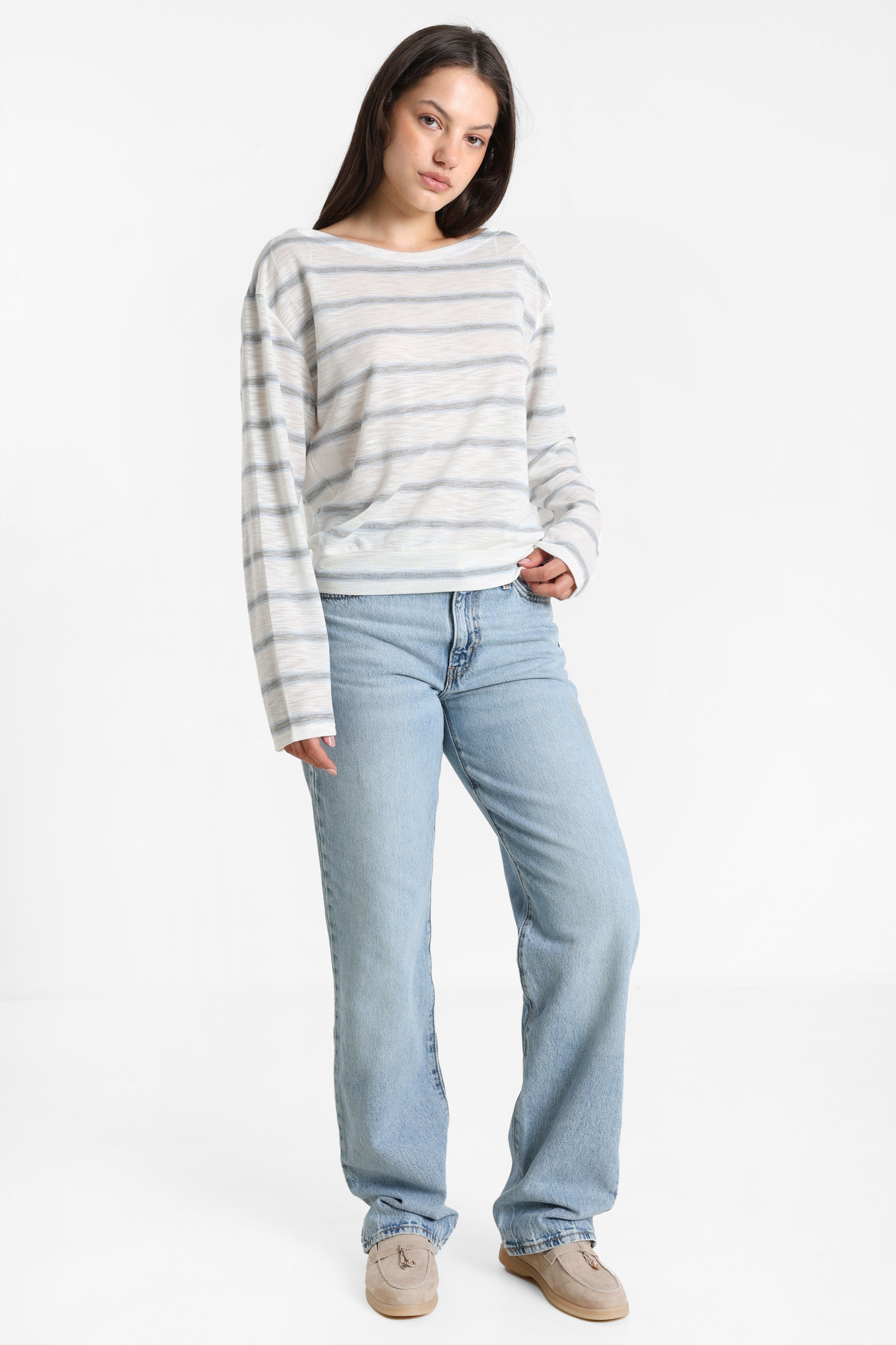 Langarmshirt - Offwhite + Hellblau + Grau