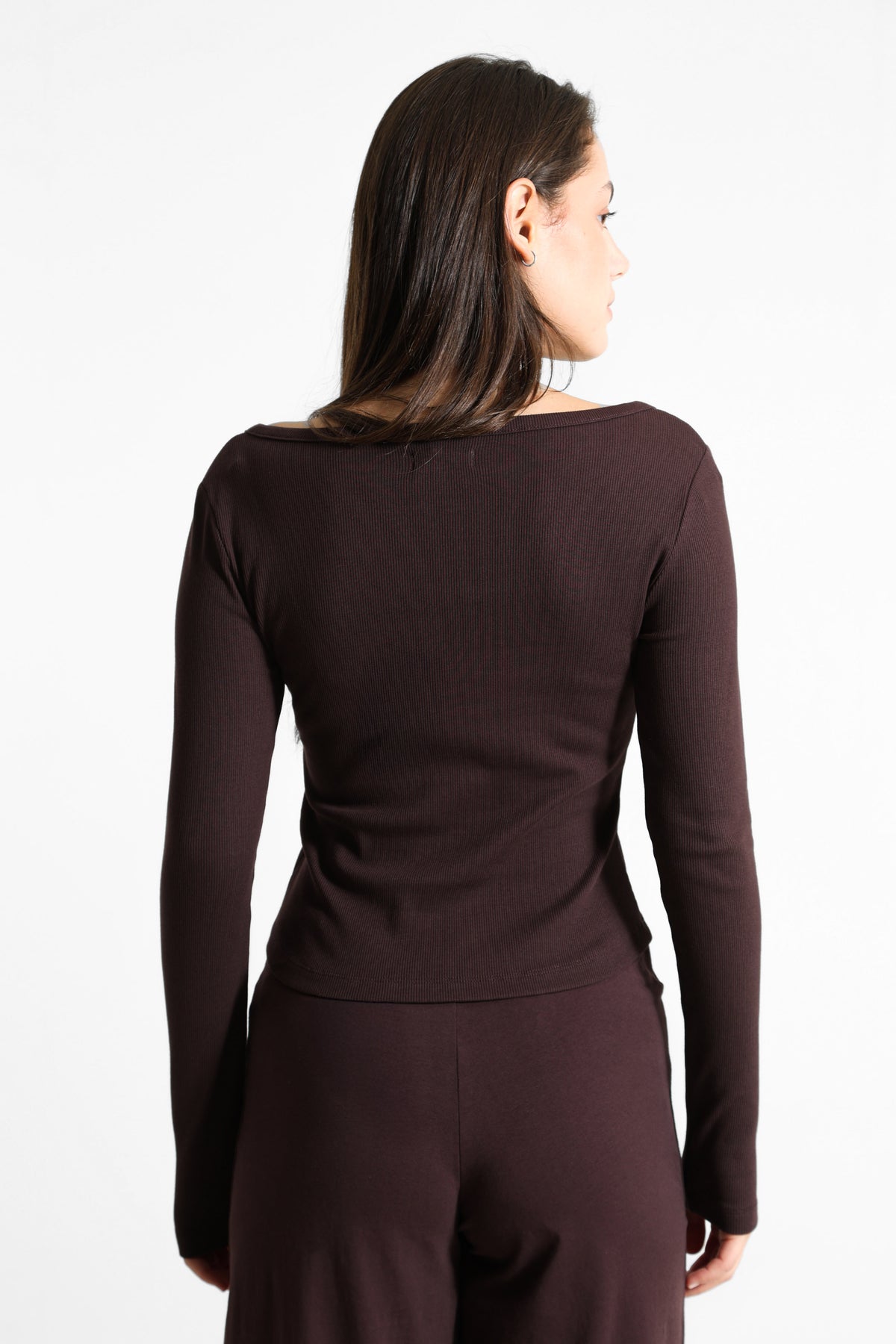 Ribbed long-sleeve cropped shirt - Brun