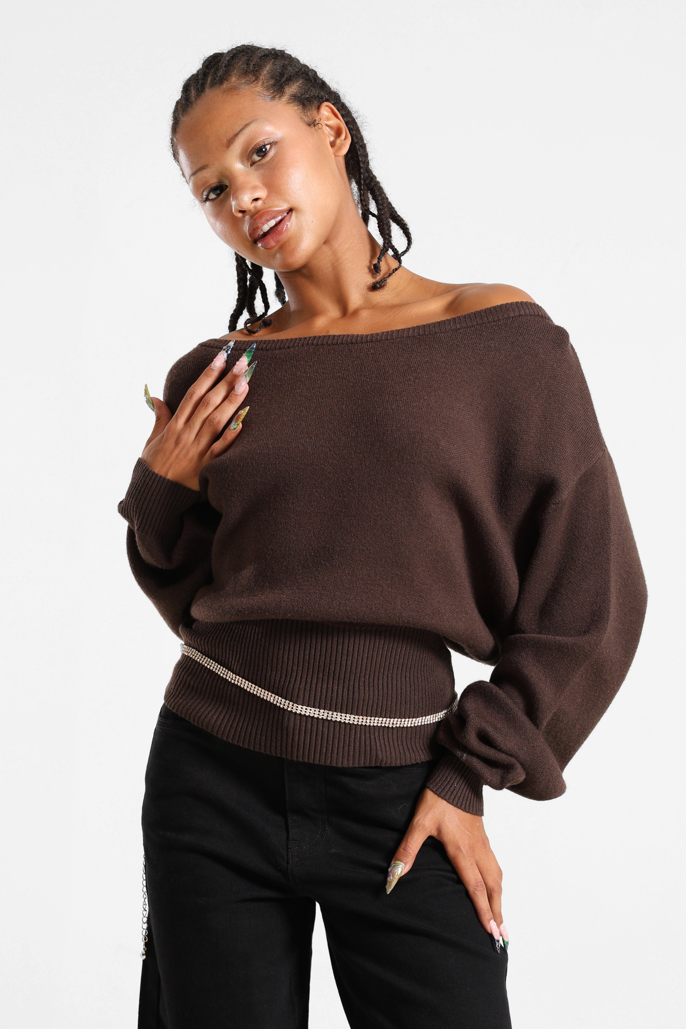 Maglione con scollo a barca in maglia - Brun foncé