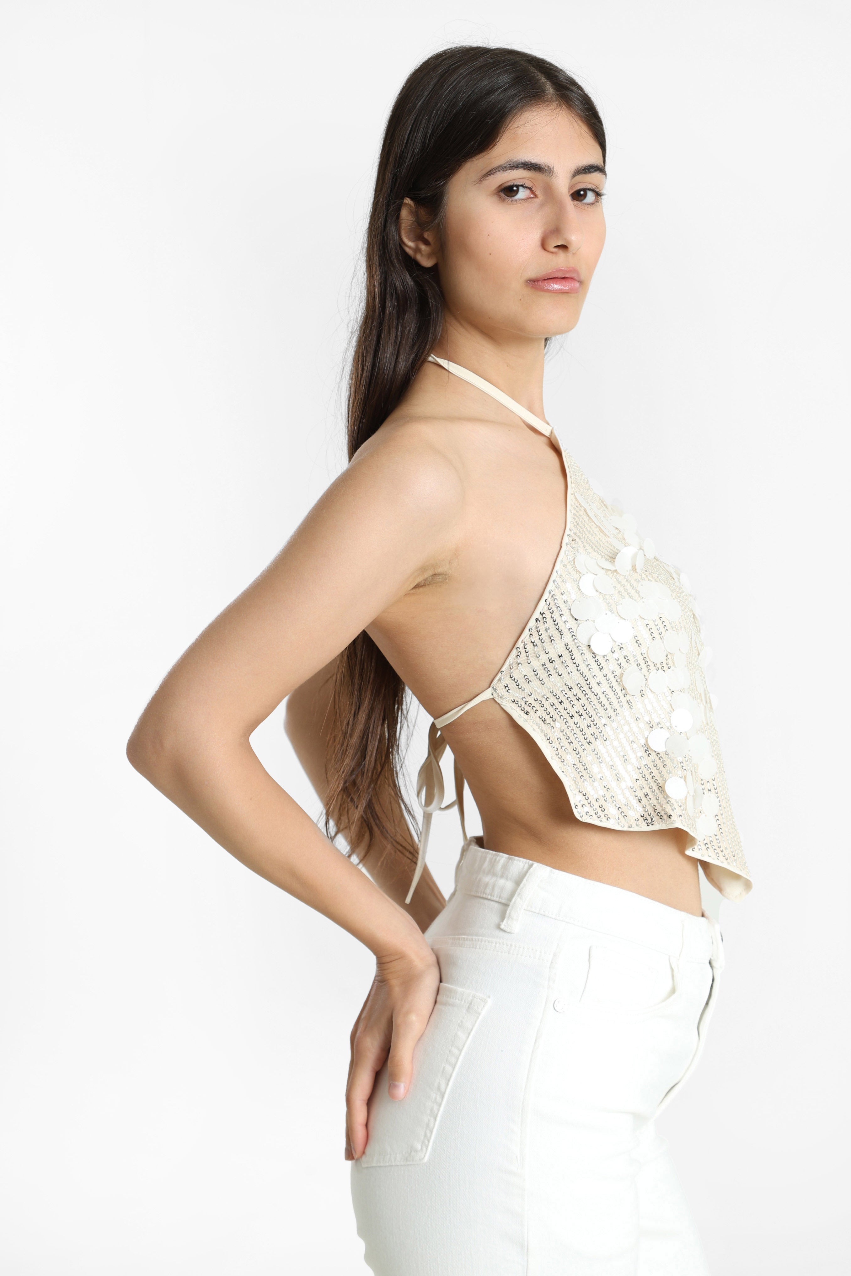 Top corto con schiena scoperta e paillettes - Light Beige