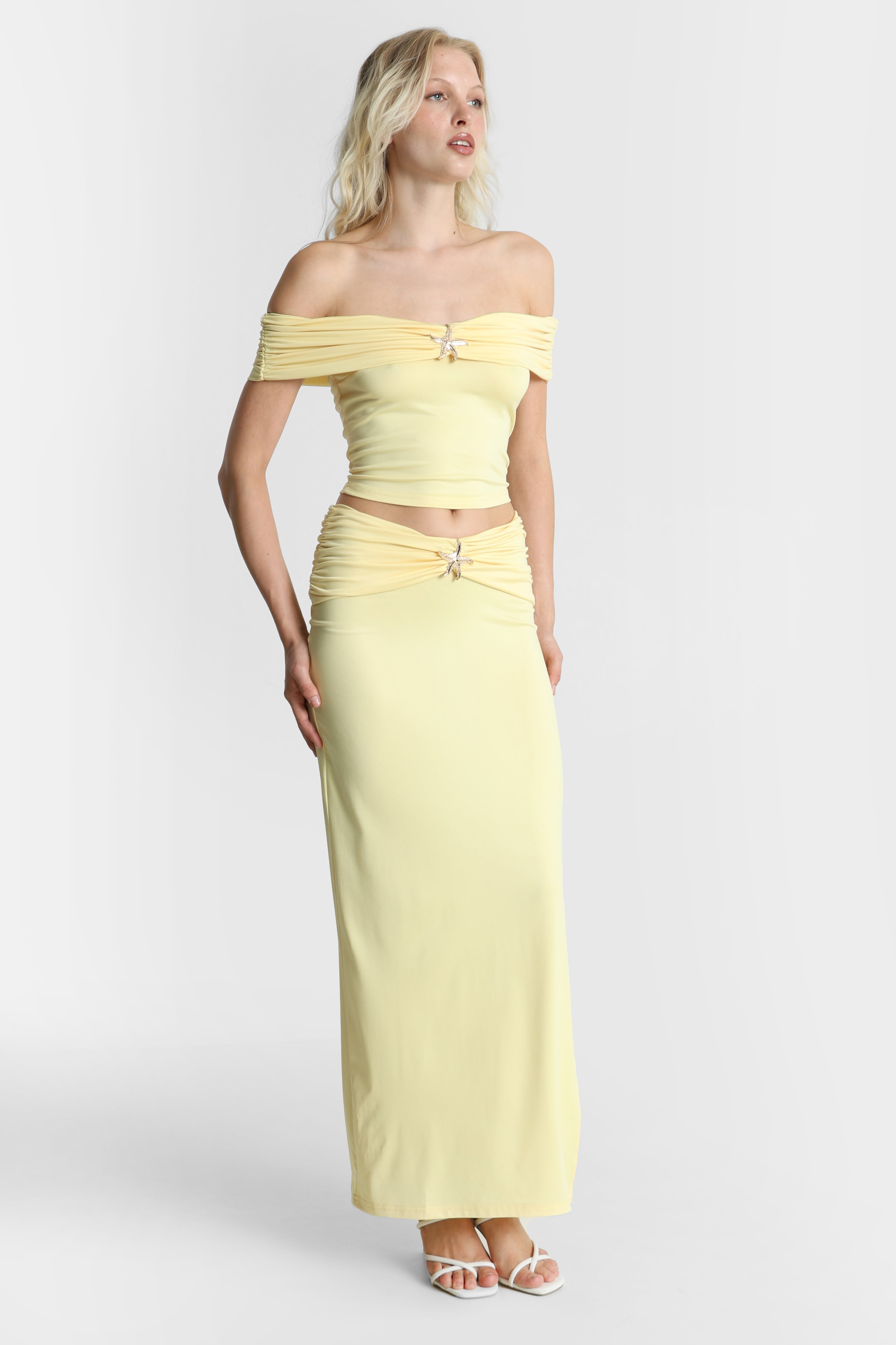 Off Shoulder Crop T-Shirt - Yellow