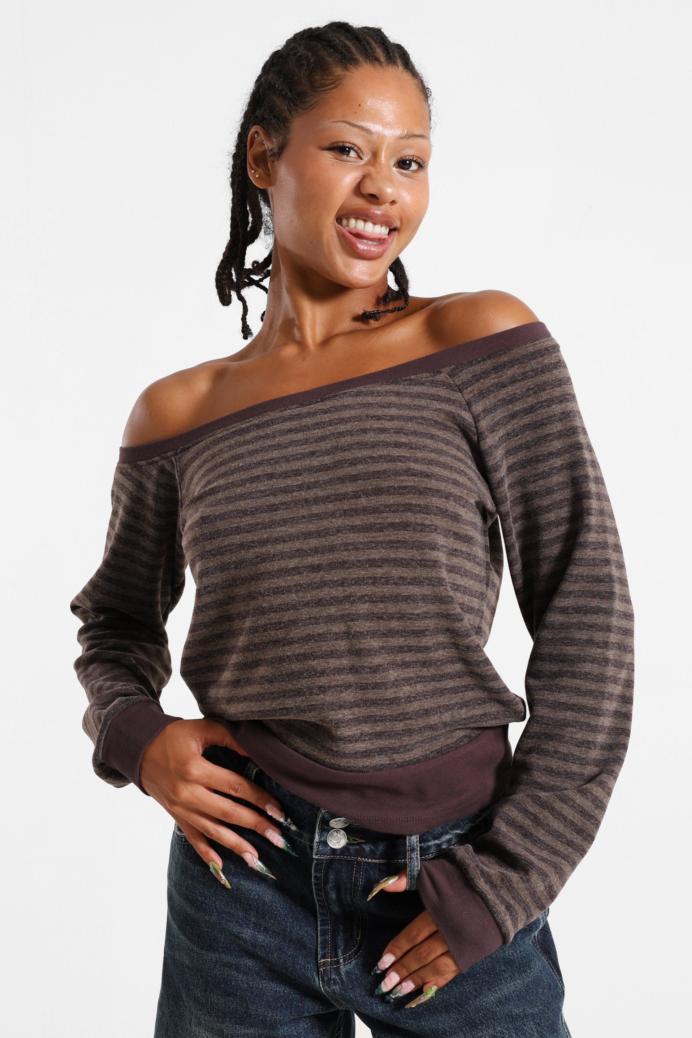 Camicia off shoulder maniche lunghe - Brun