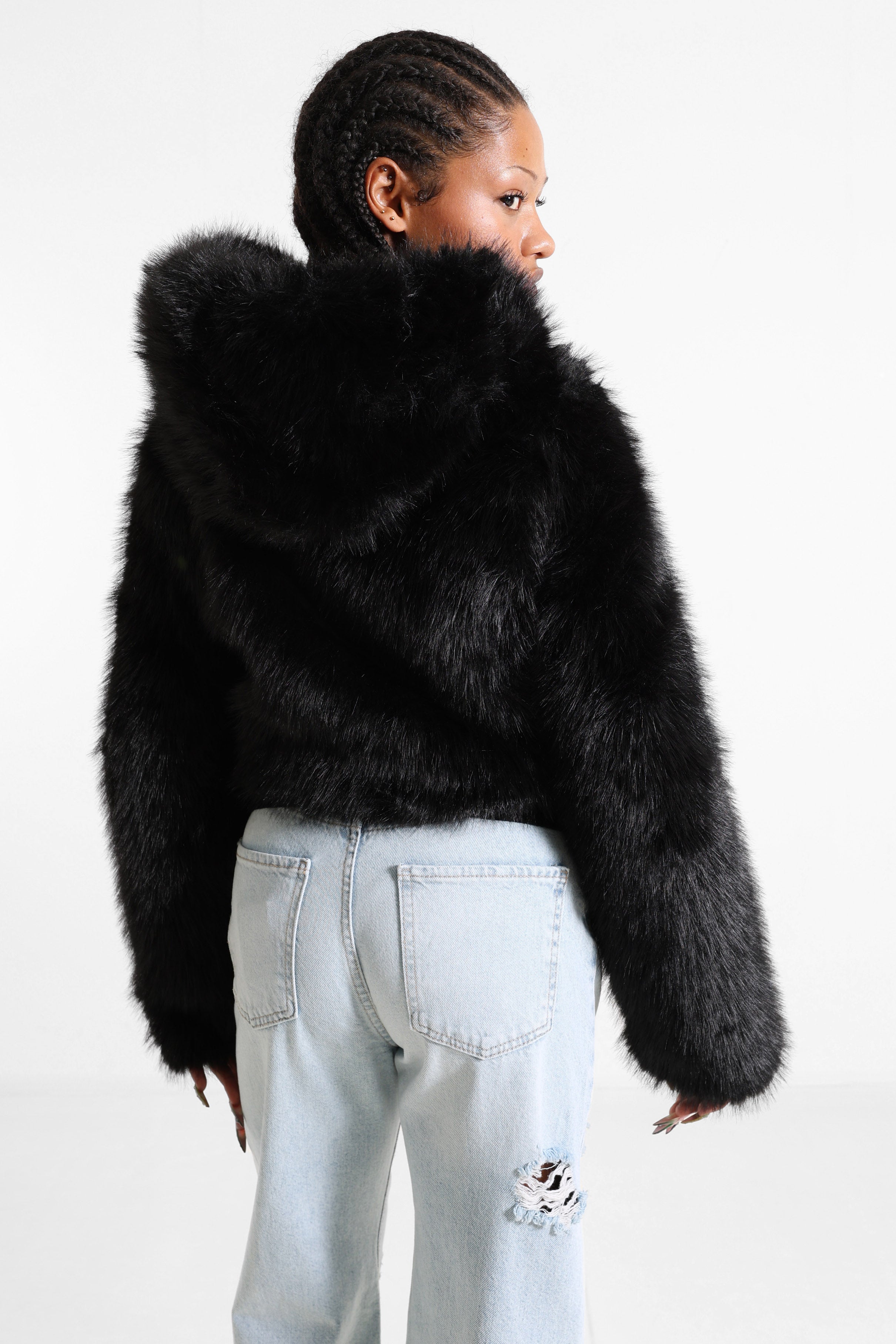 Crop Kunstpelzjacke - Schwarz