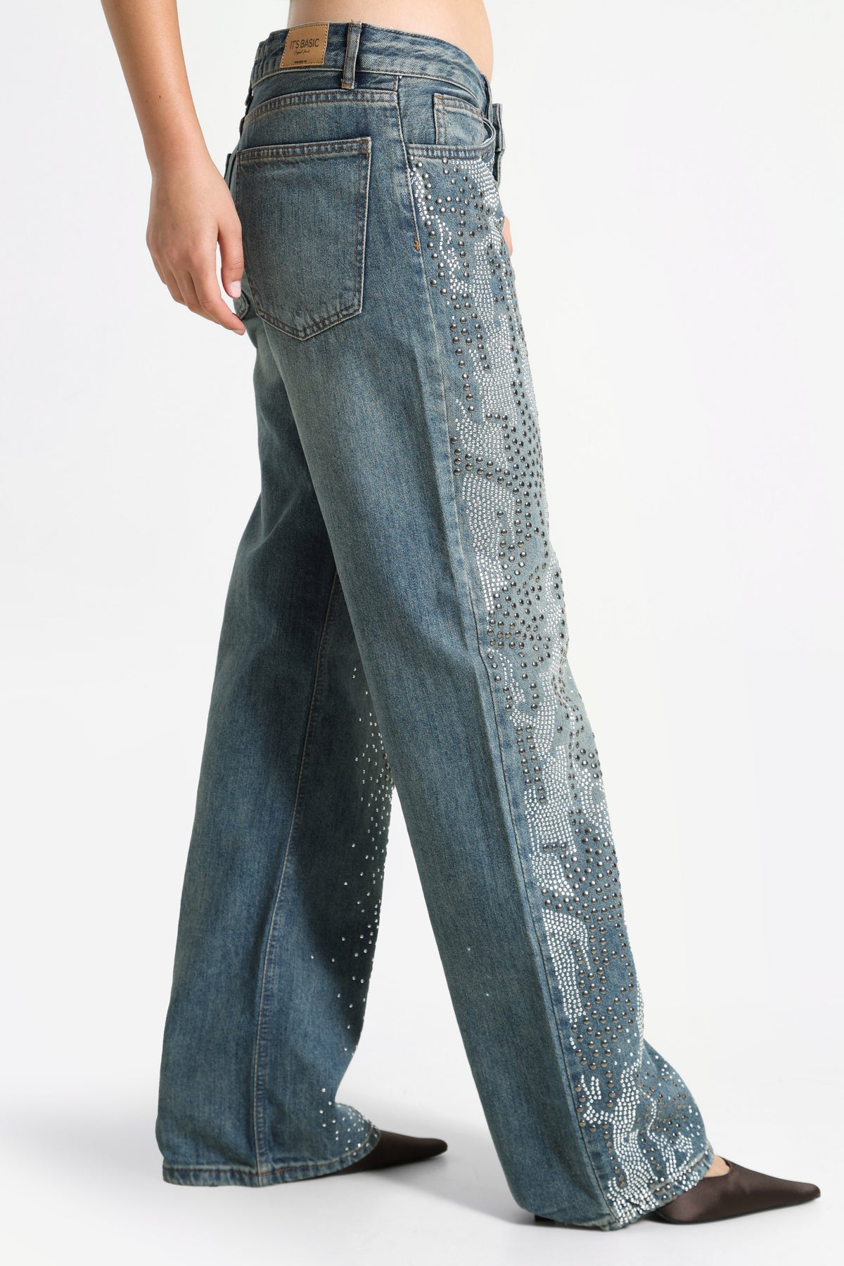 Wide Leg Jeans mit Nieten und Strass - Dark Blue Denim
