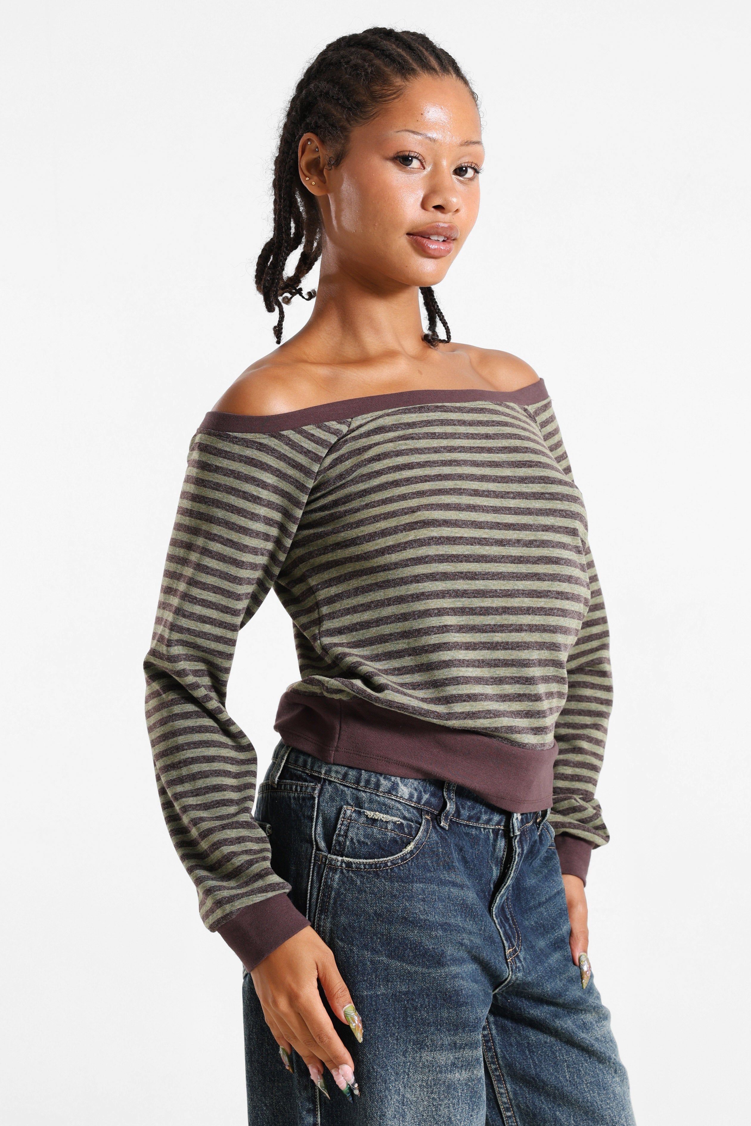 Camicia off shoulder maniche lunghe - Olive + Brun