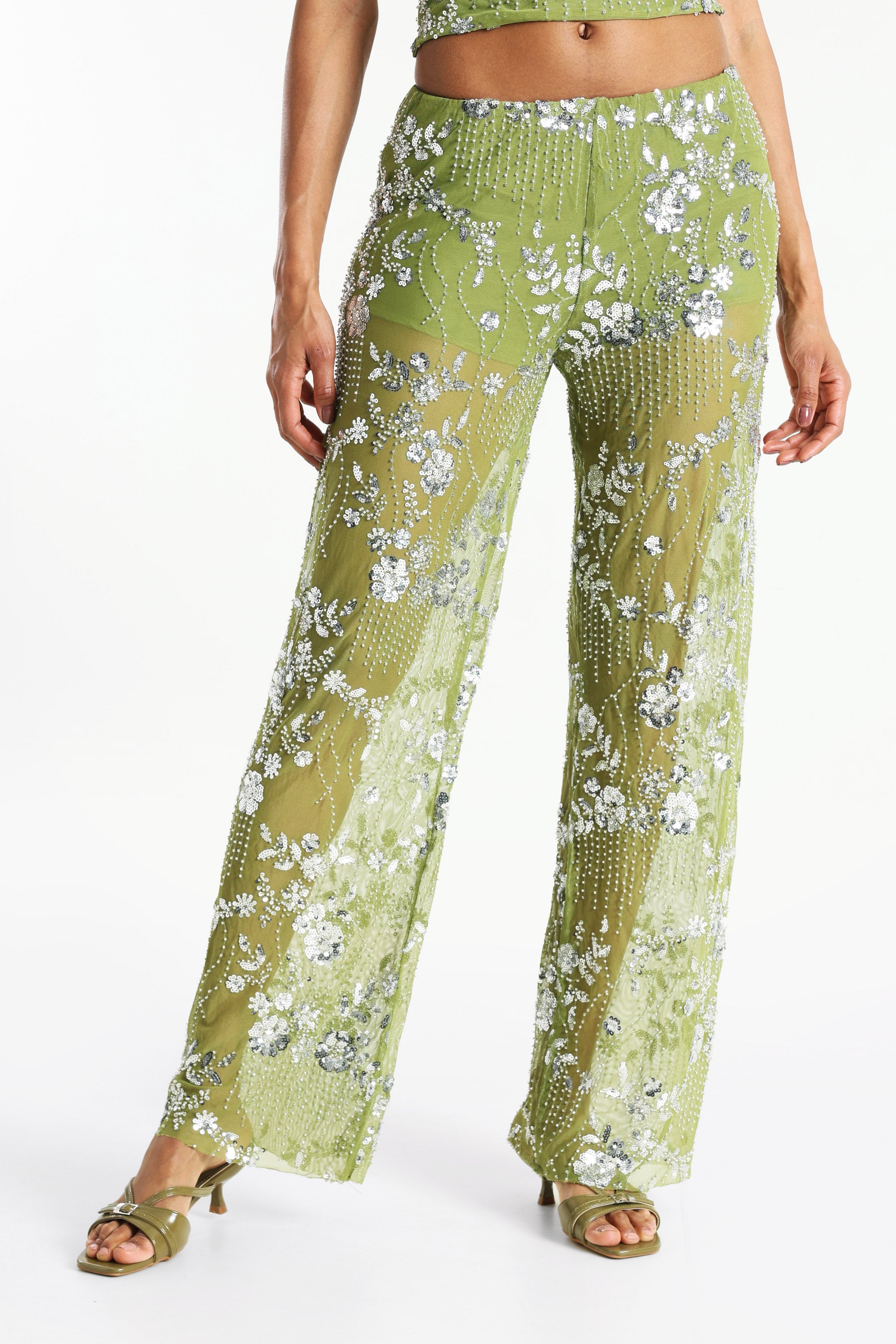 Pailletten Mesh Hose - Grün Matcha