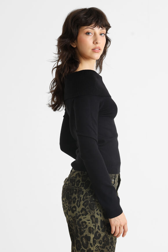 Crop Off Shoulder Feinstrickpullover - Schwarz