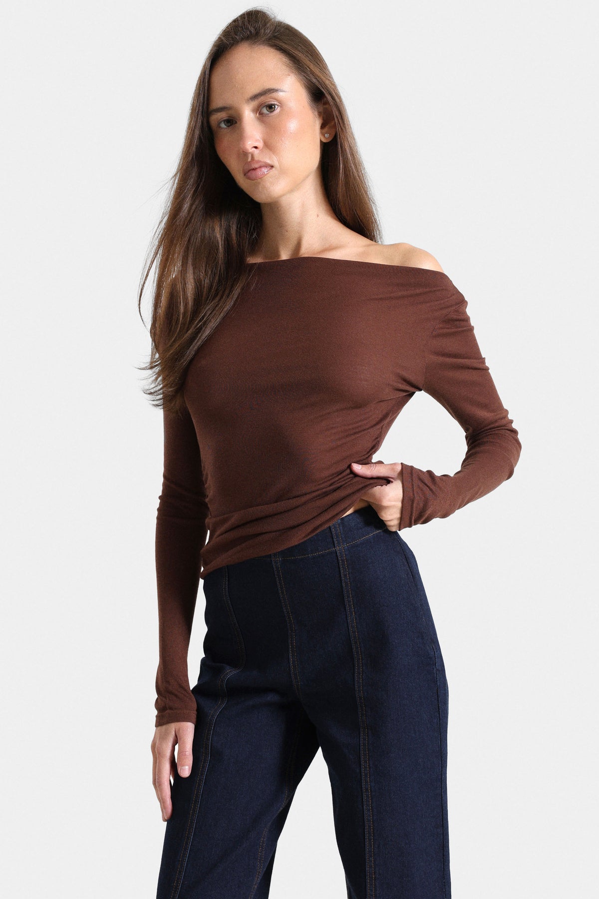 Shirt off shoulder manches longues - Brun