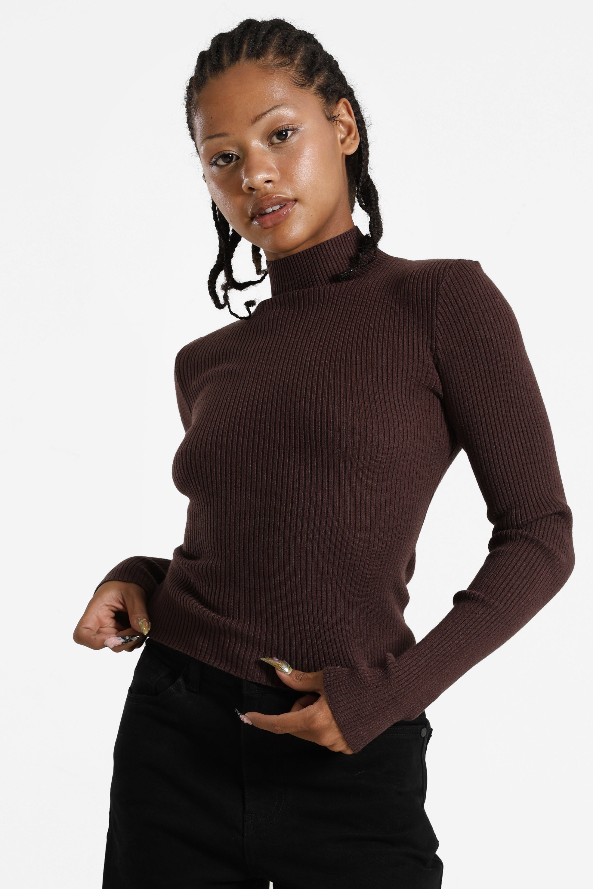 Maglione corto in maglia a coste - Brun foncé