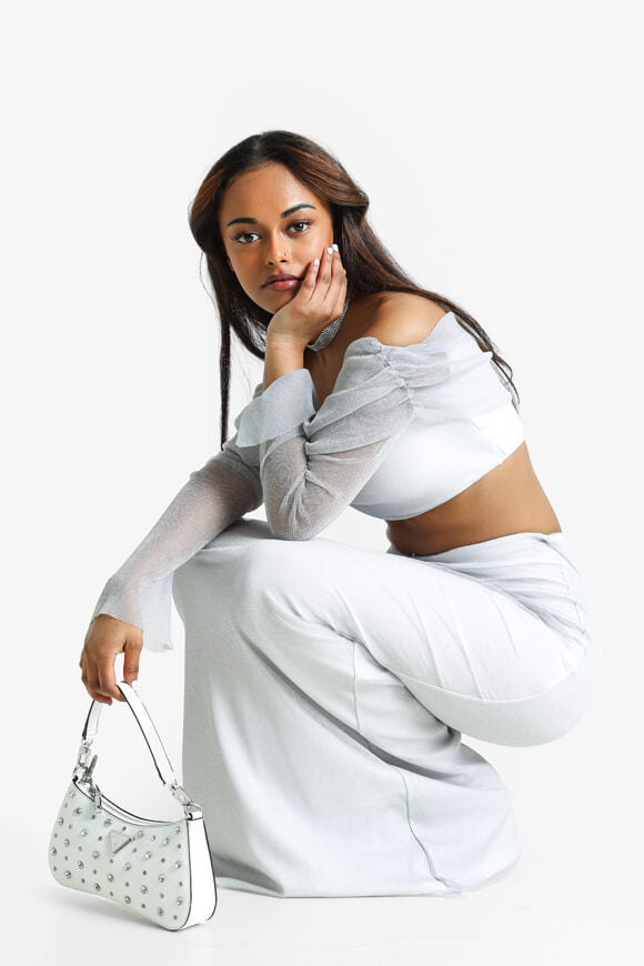 Glitter off-shoulder top - light gray + silver