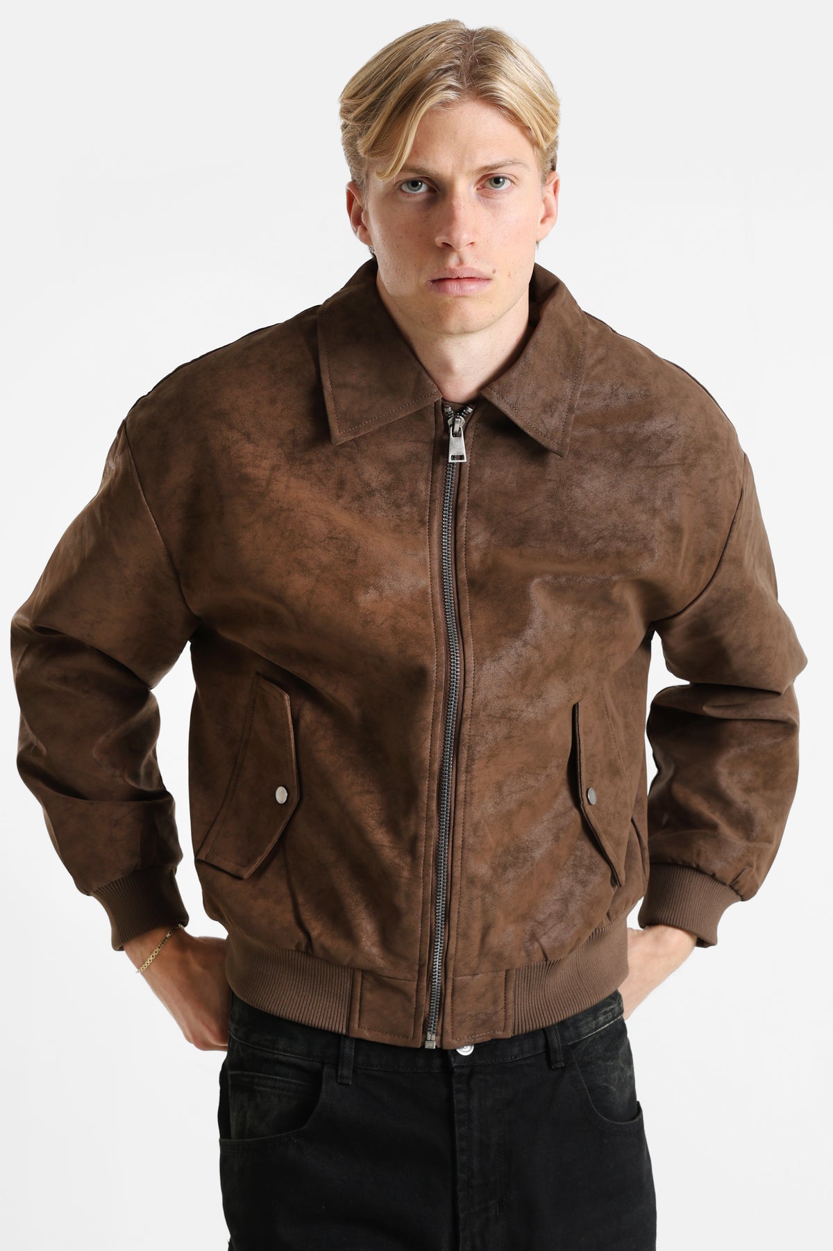 Veste en similicuir doublée - Coffee
