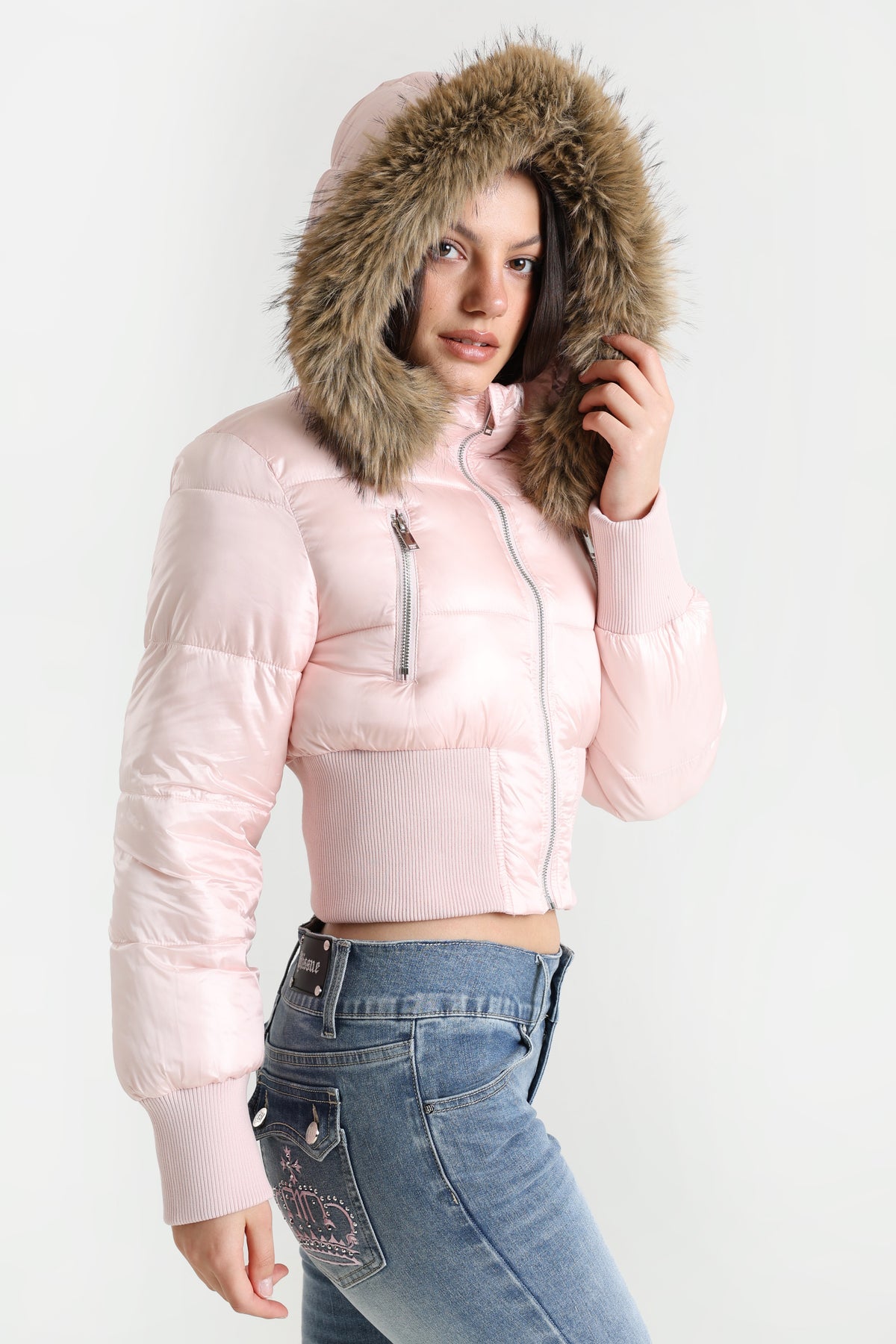 Crop Puffer Bomberjacke - Hell Pink