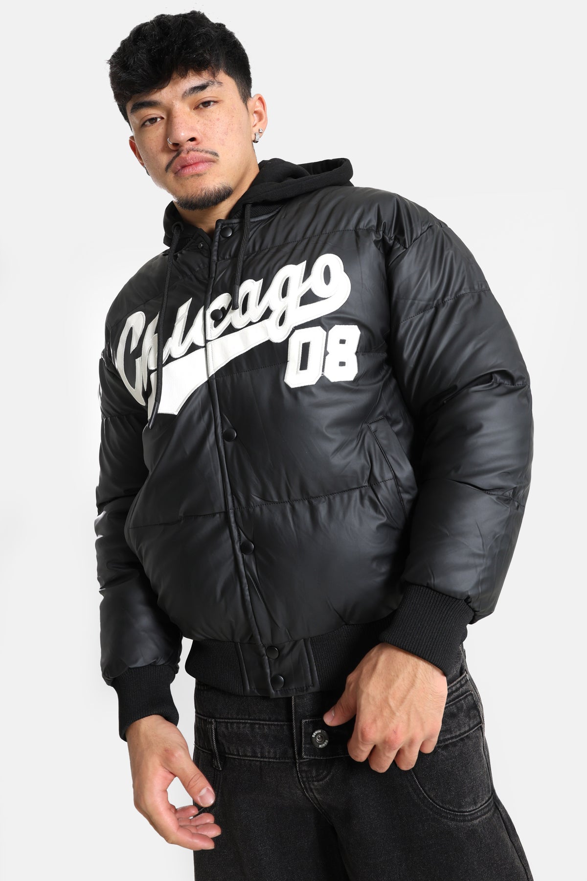 Puffer Kunstlederjacke - Black + Offwhite