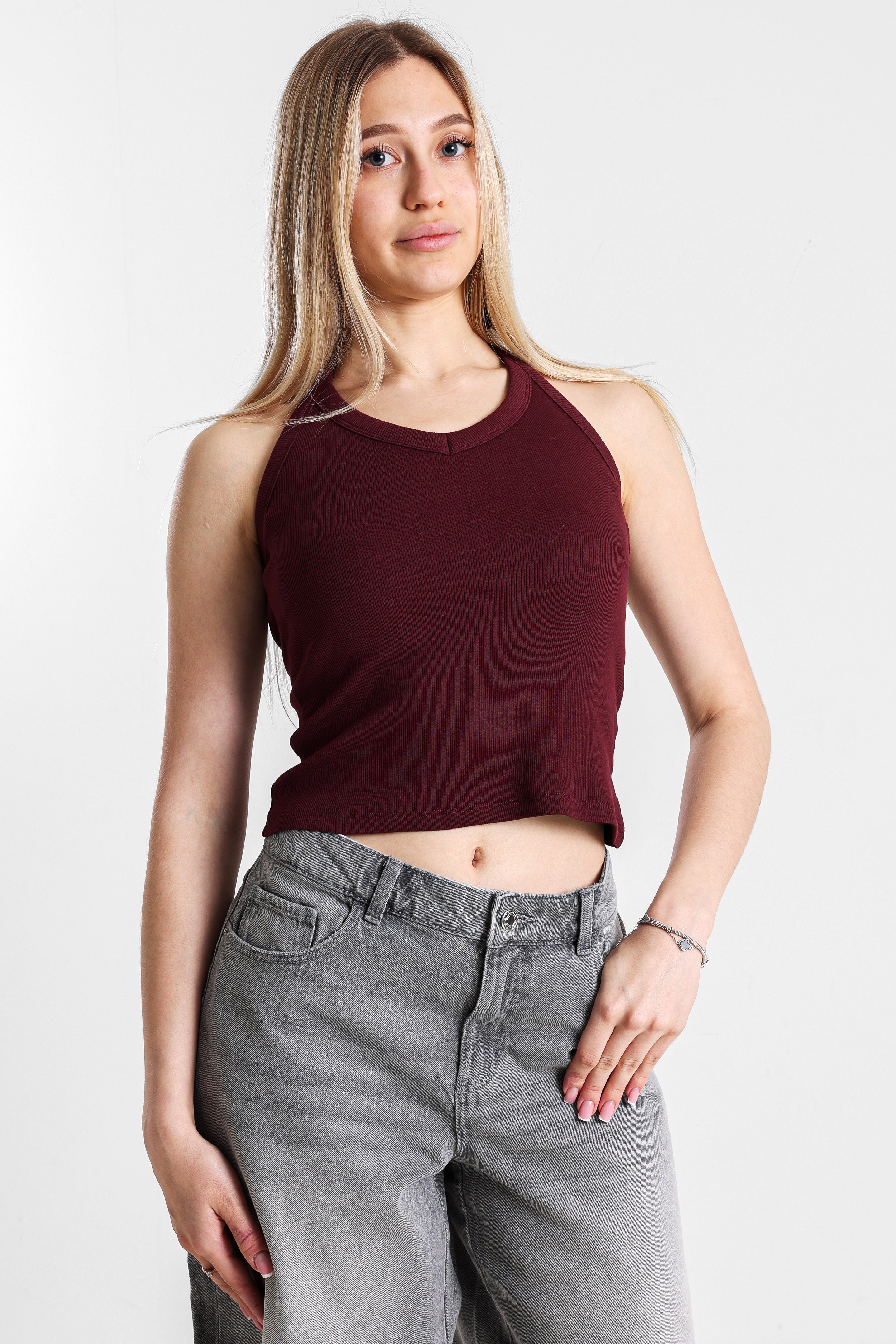 Geripptes Neckholder Crop Top - Bordeaux