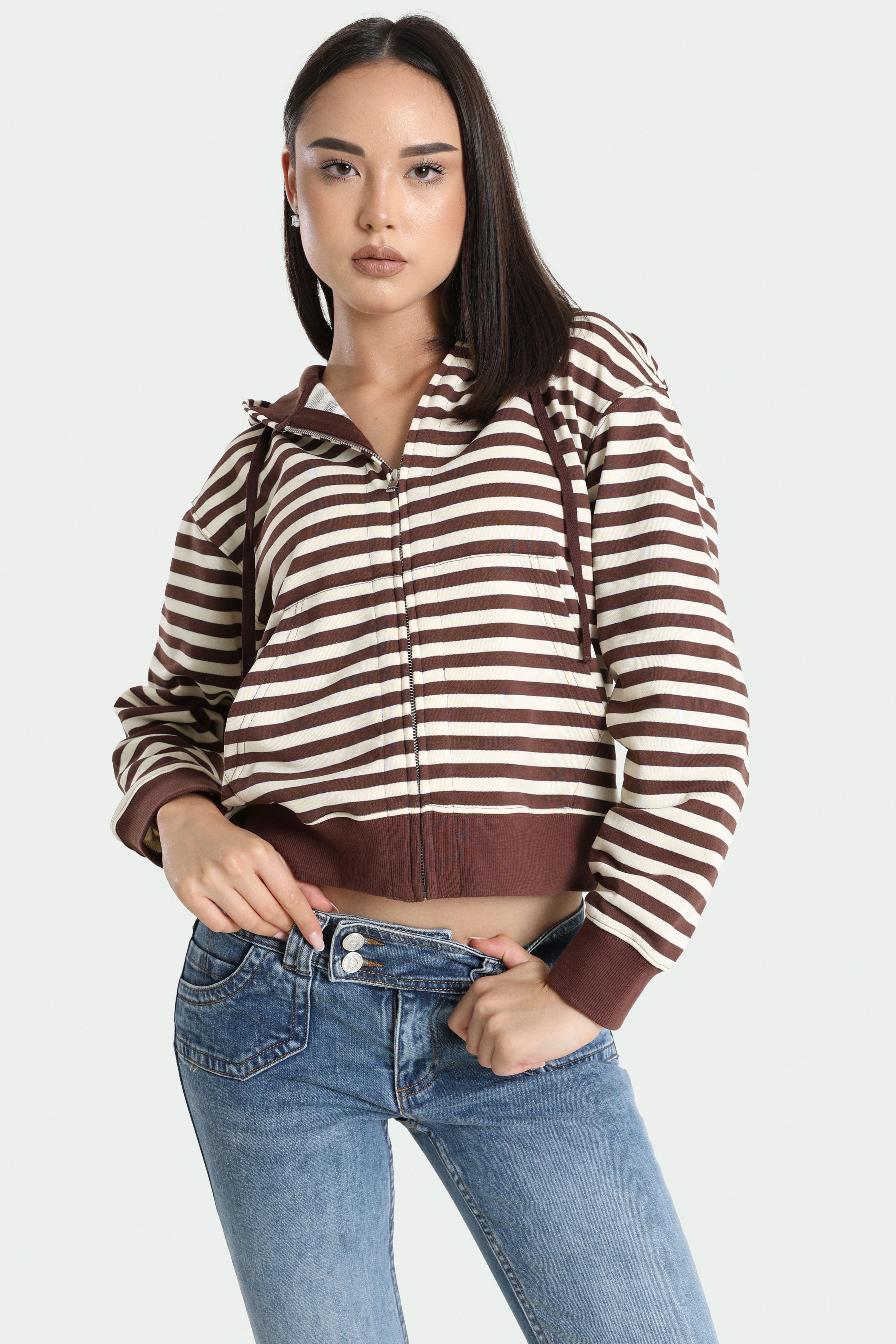 Sweat zippé à capuchon - Brun + Ecru