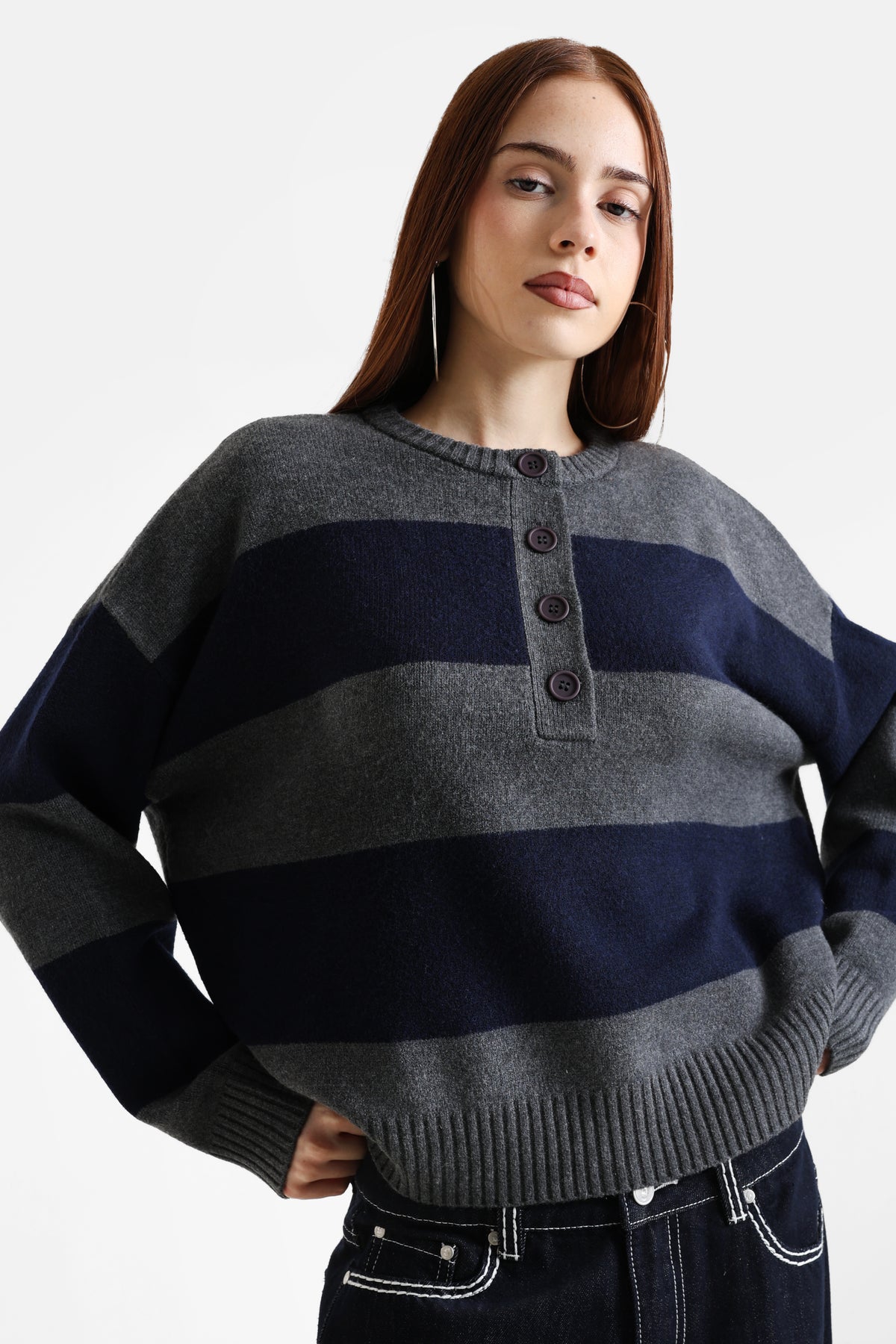Maglione ampio in maglia - Grigio mélange scuro + blu navy