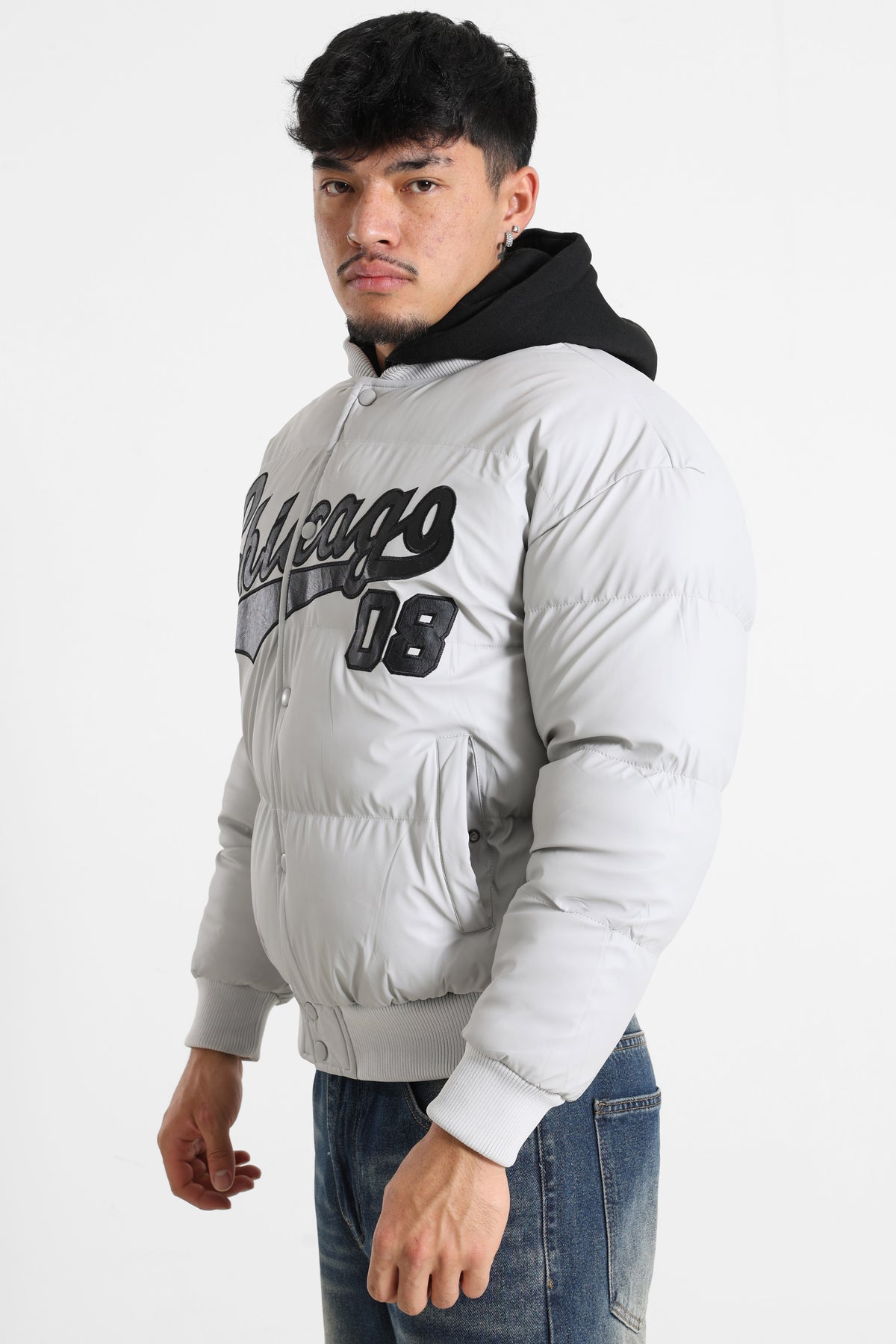 Puffer Kunstlederjacke - Light Grey + Black