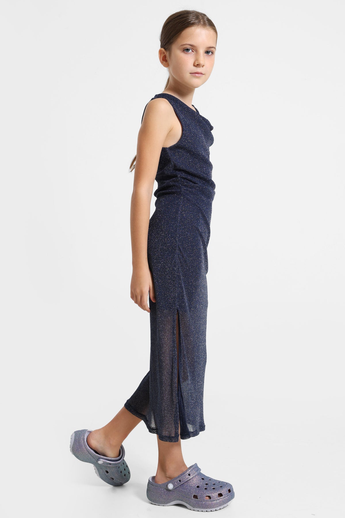 Robe longue one shoulder à brillants - Bleu marine