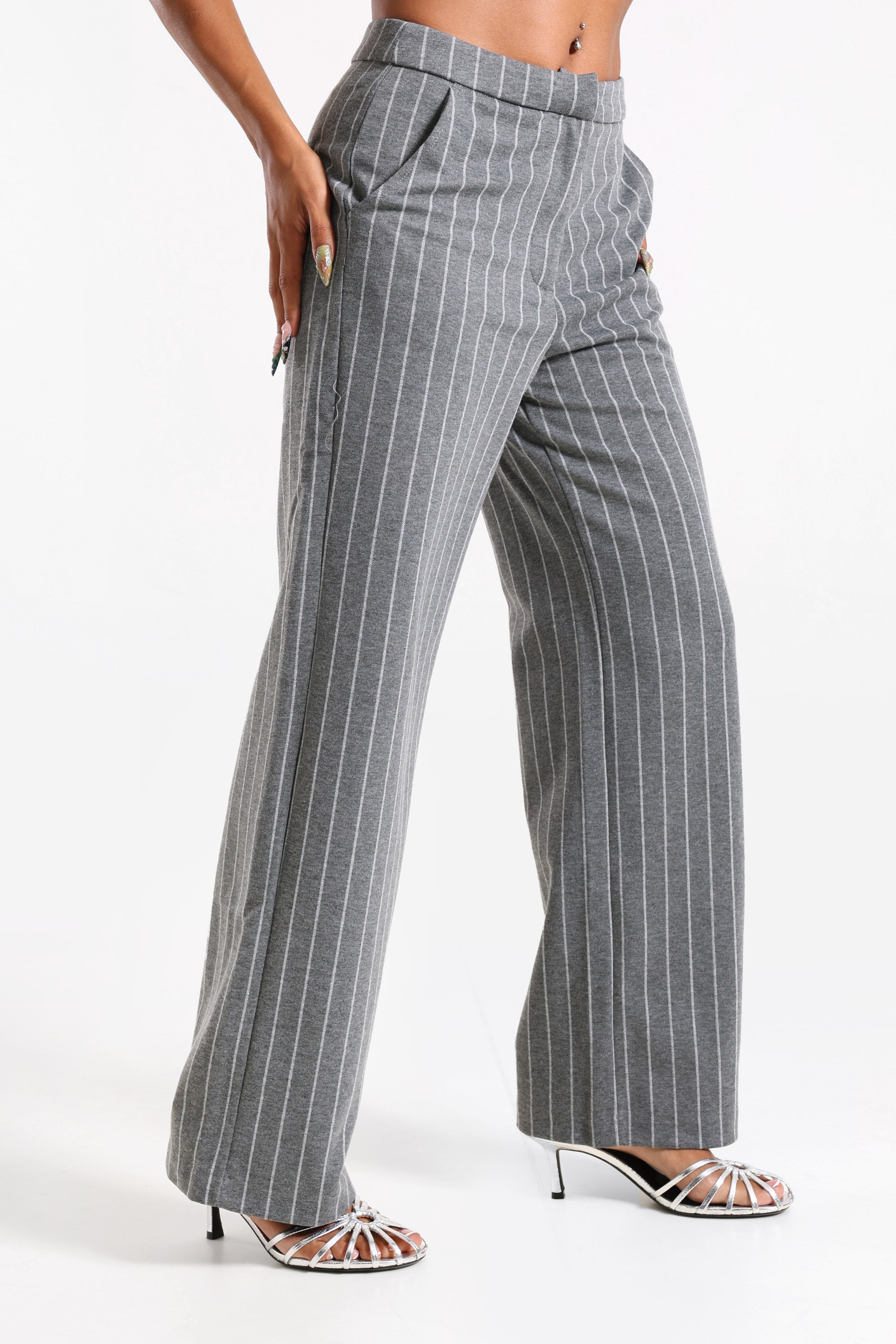 Stoffhose - Grau meliert + Weiss
