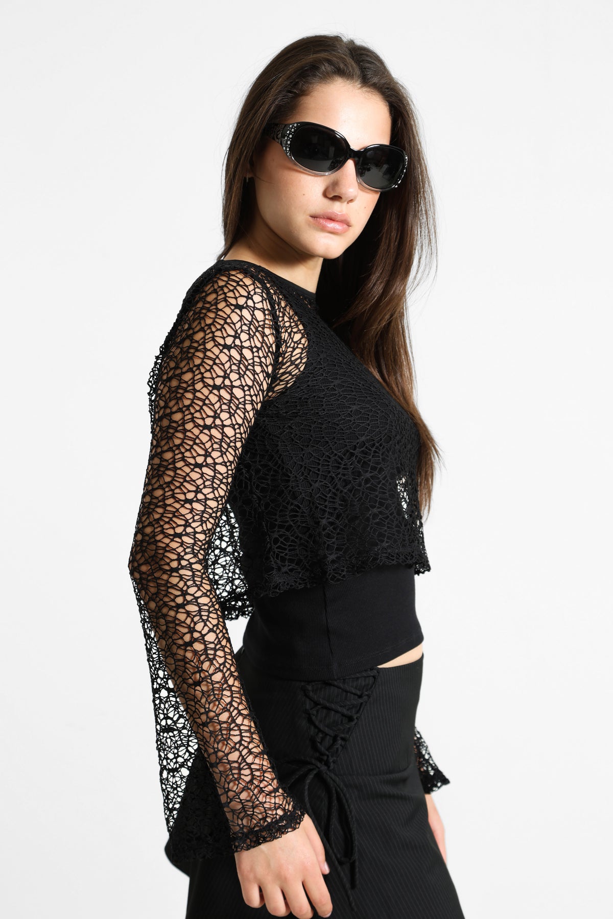 Netz Crop Langarmshirt - Black