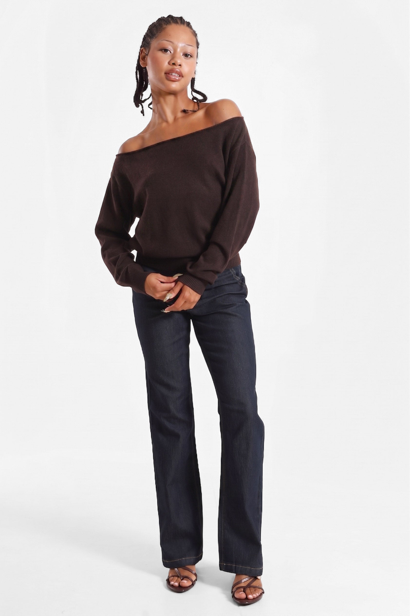 Maglione con scollo a barca in maglia - Brun foncé