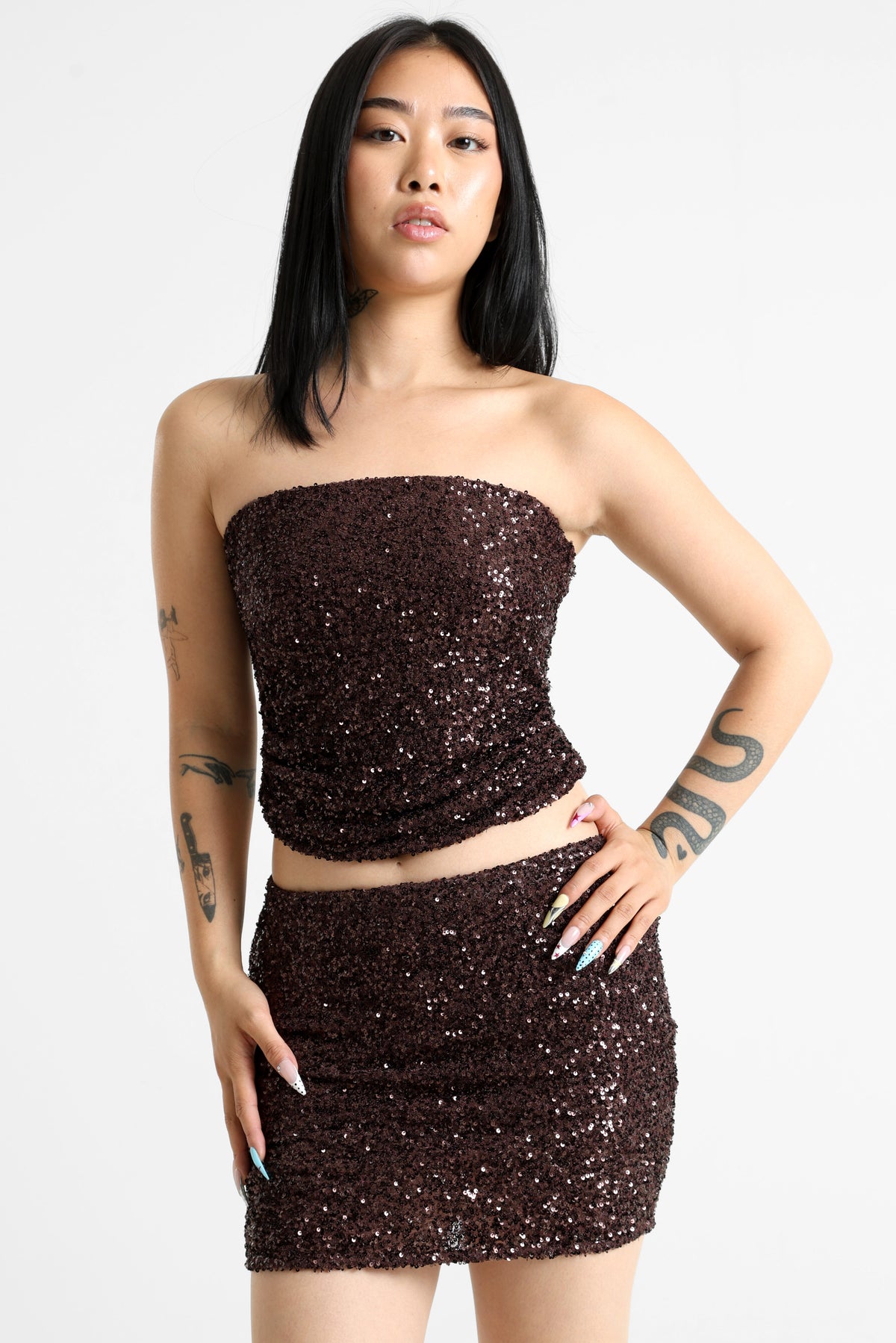 Pailletten Bandeau Crop Top - Dunkelbraun