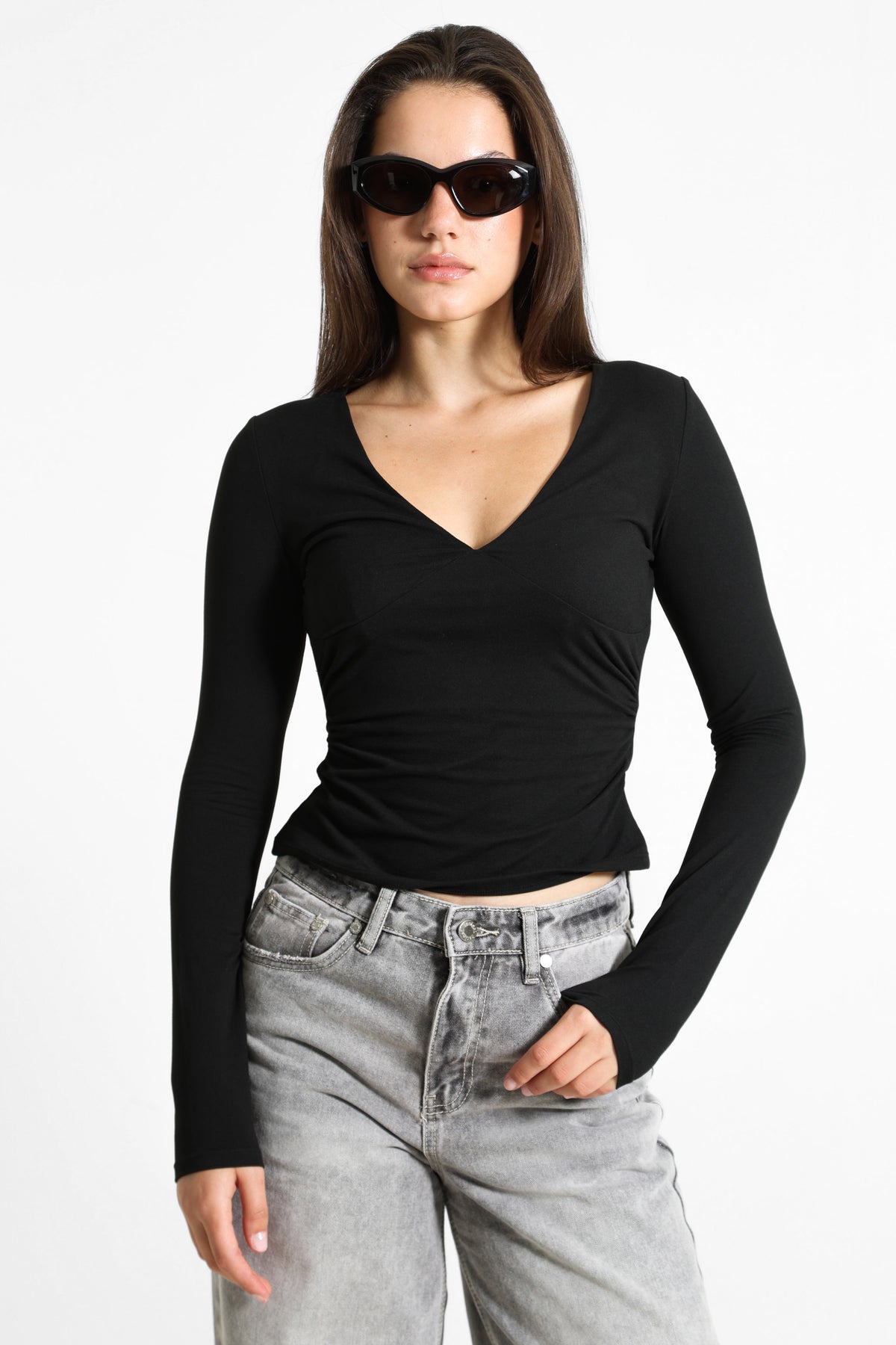 Crop Langarmshirt - Schwarz