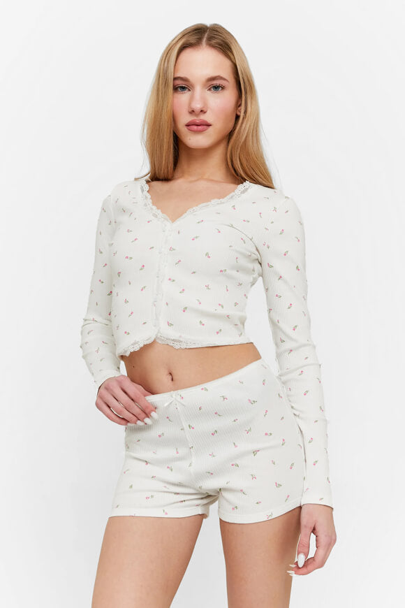 Geripptes Crop Langarmshirt - Offwhite