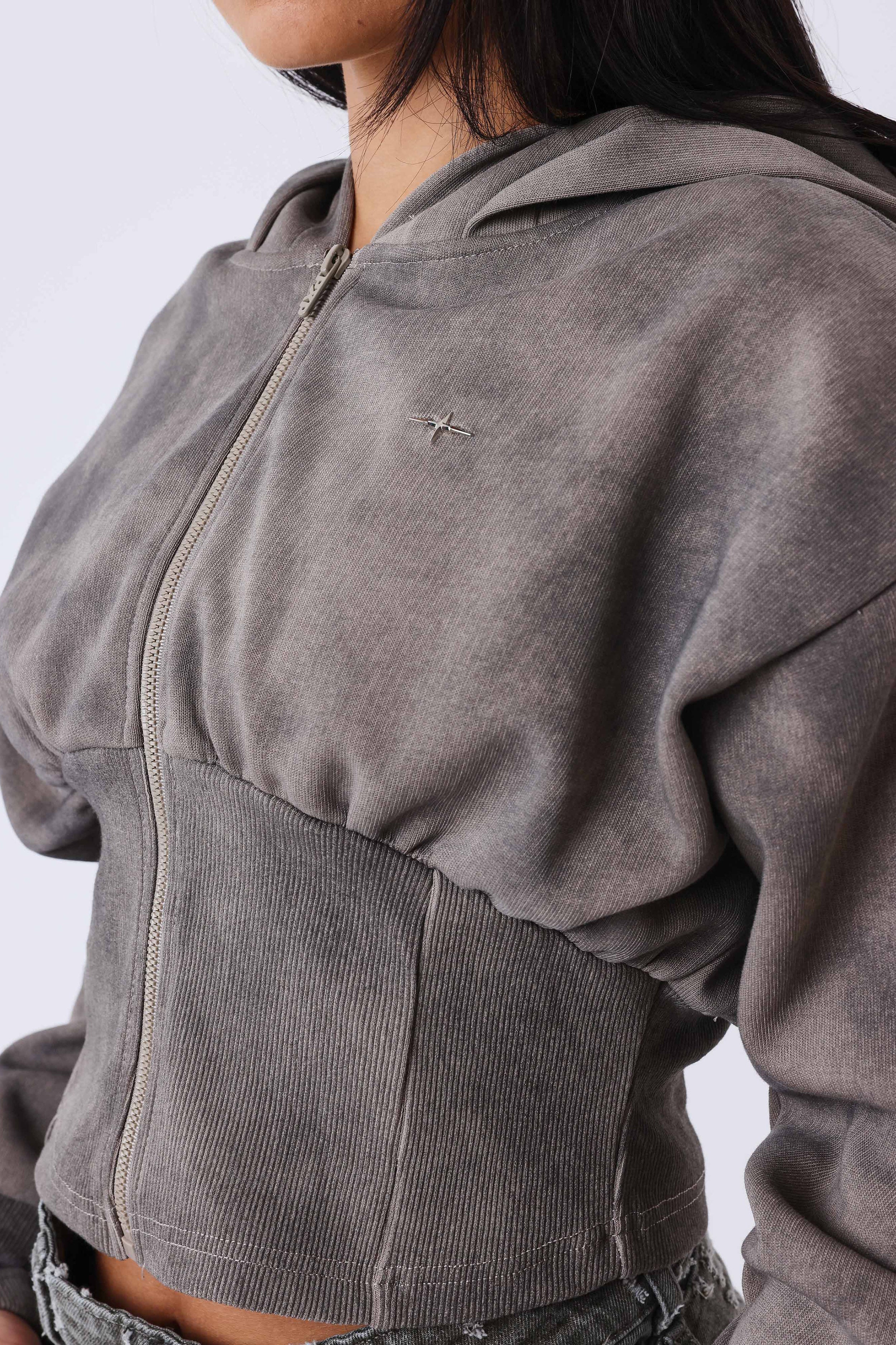 Crop Kapuzensweatjacke - Dark Taupe