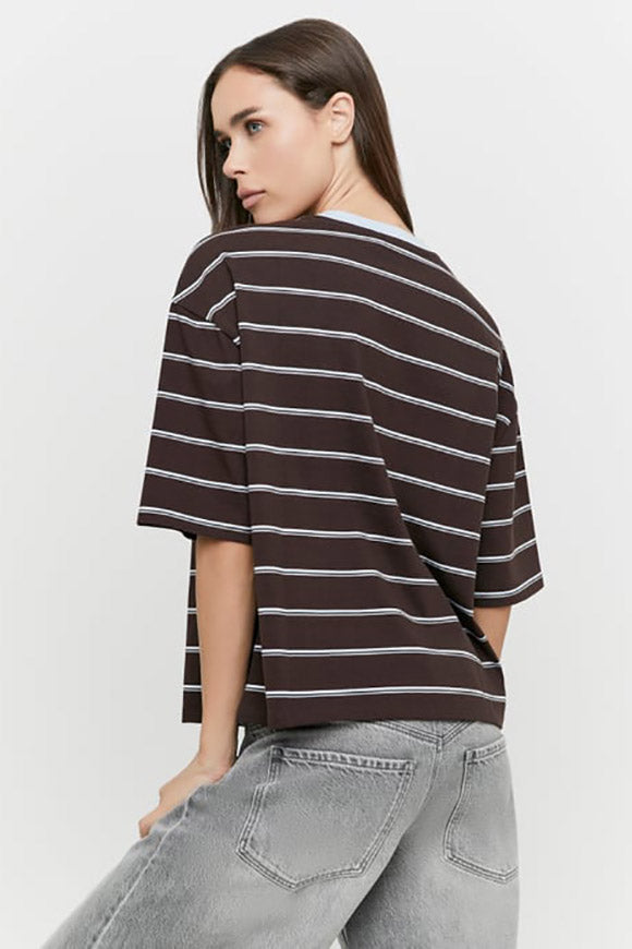 Loose-fitting T-shirt - Dark Brown + Light Blue + White
