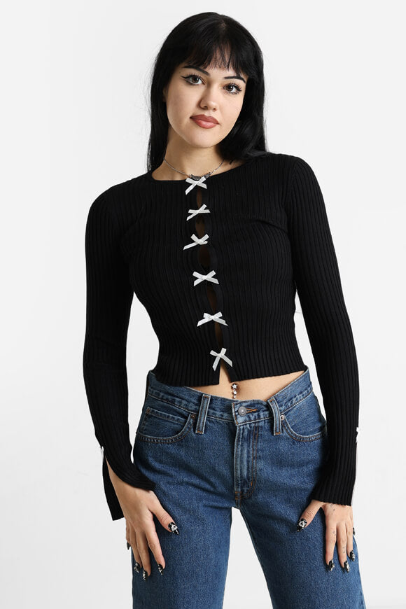 Gerippte Crop Strickjacke - Schwarz