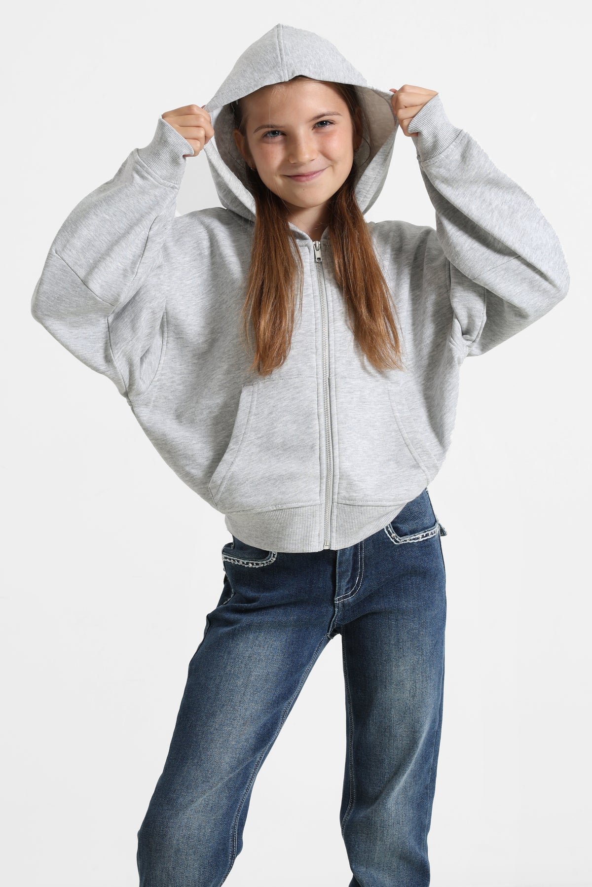 Oversize Kapuzensweatjacke - Hellgrau meliert
