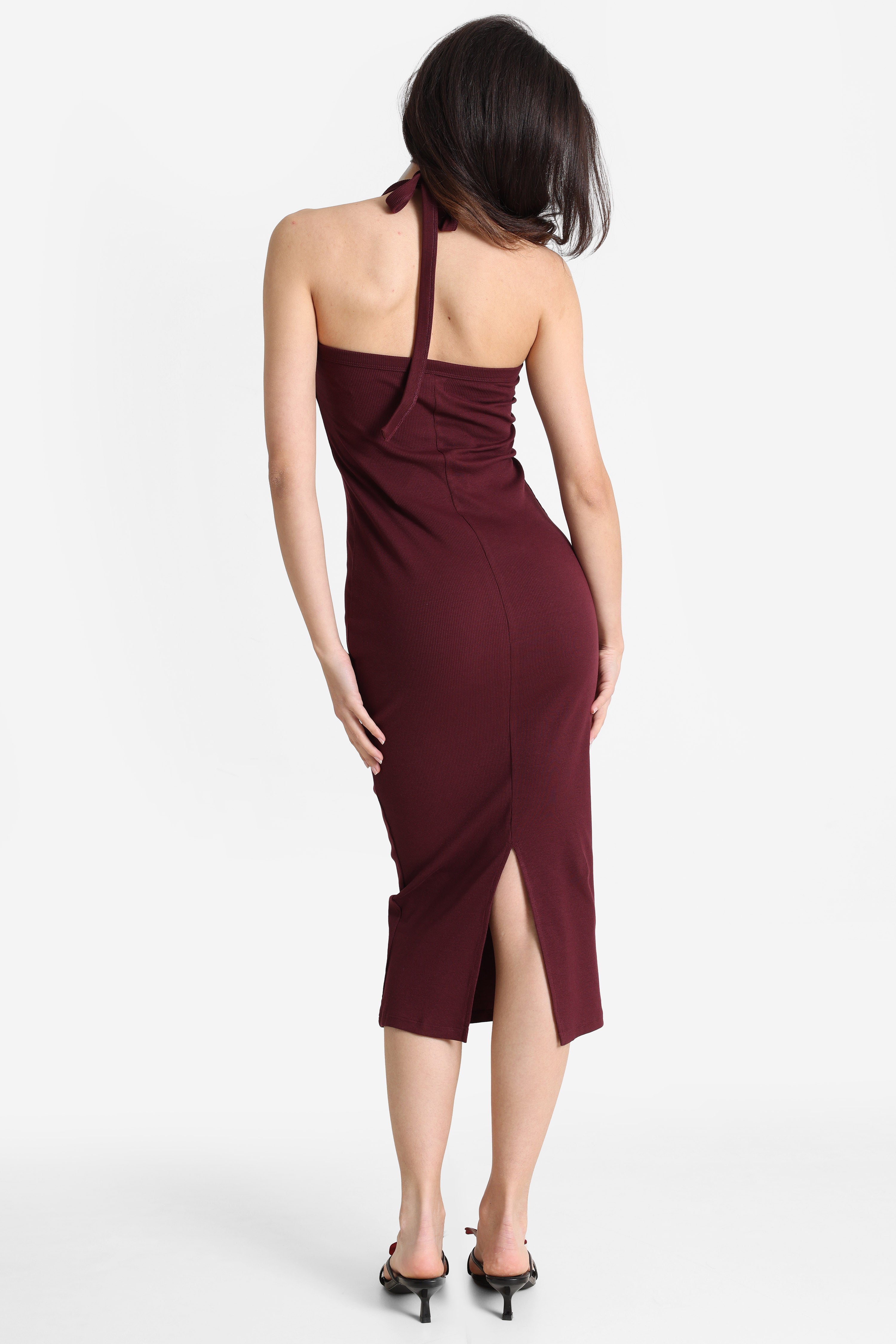 Geripptes Neckholder-Midikleid - Bordeaux
