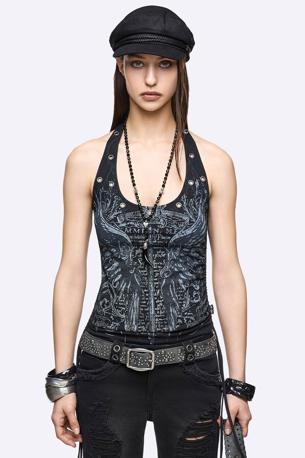 Winged Sword Neckholder Crop Top - Black