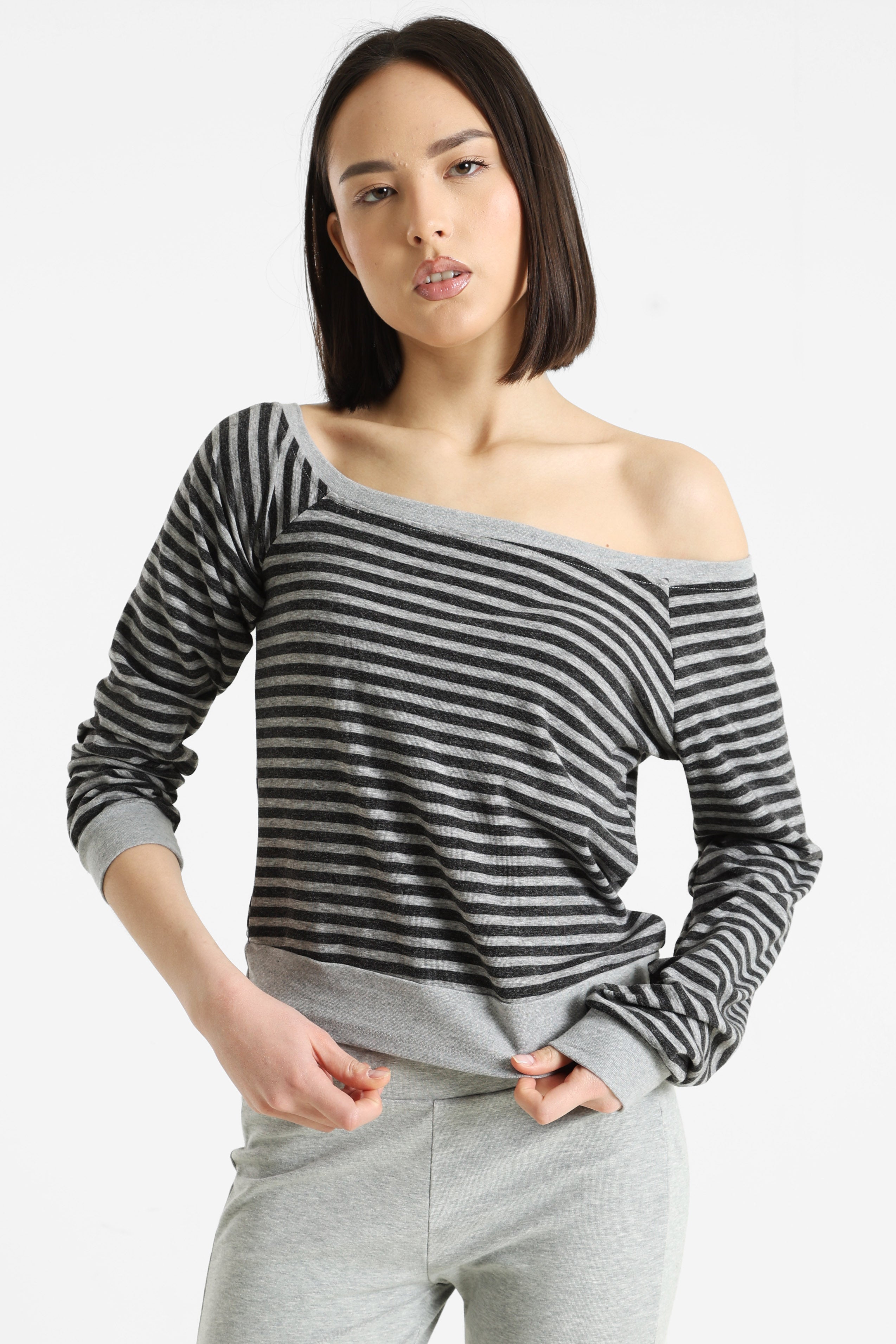 Maglia a maniche lunghe con spalle scoperte - Grigio mélange + Antracite
