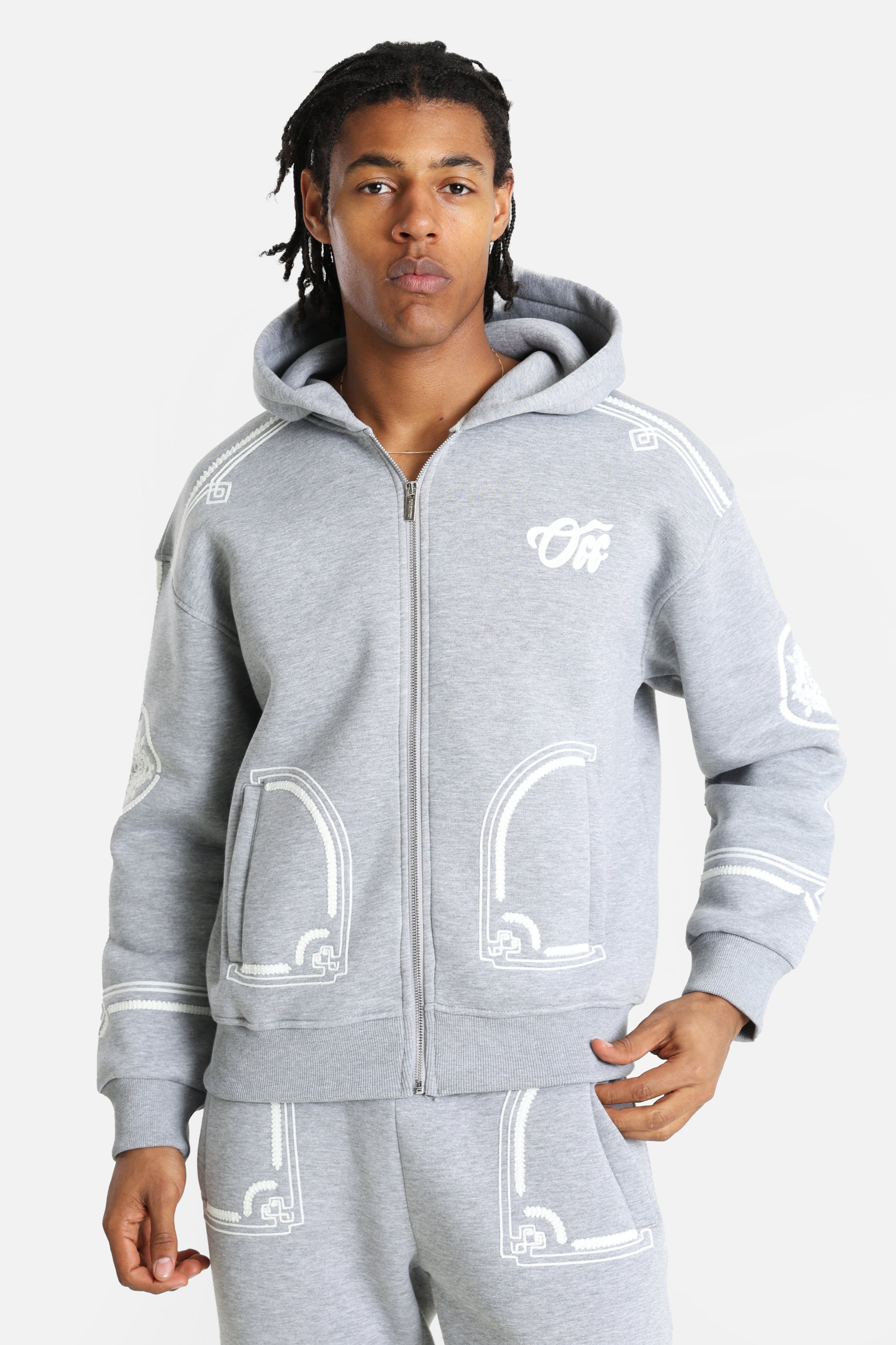 Felpa con cappuccio e zip - Grey Heather + White