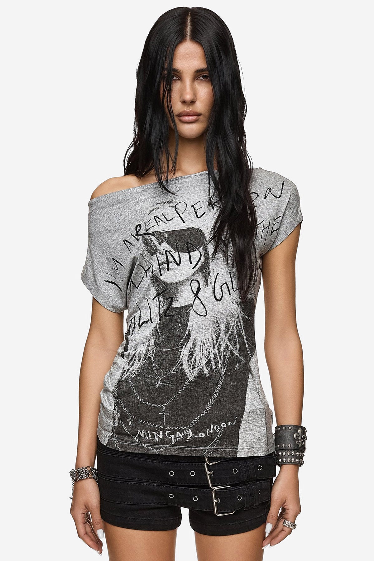 Glitz&Glitter Off Shoulder T-Shirt - Grey Marl
