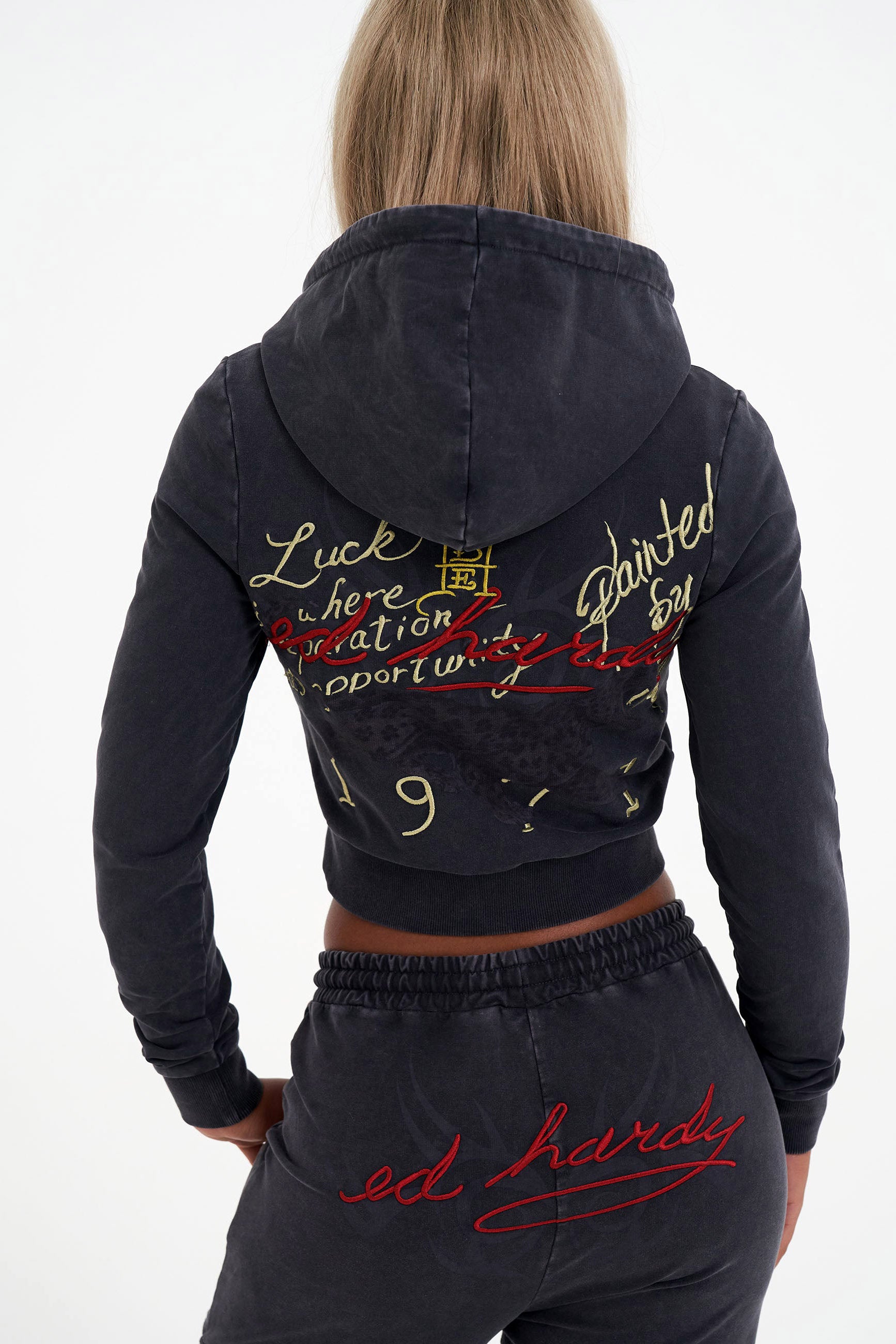 Crop Kapuzensweatjacke - Black Washed