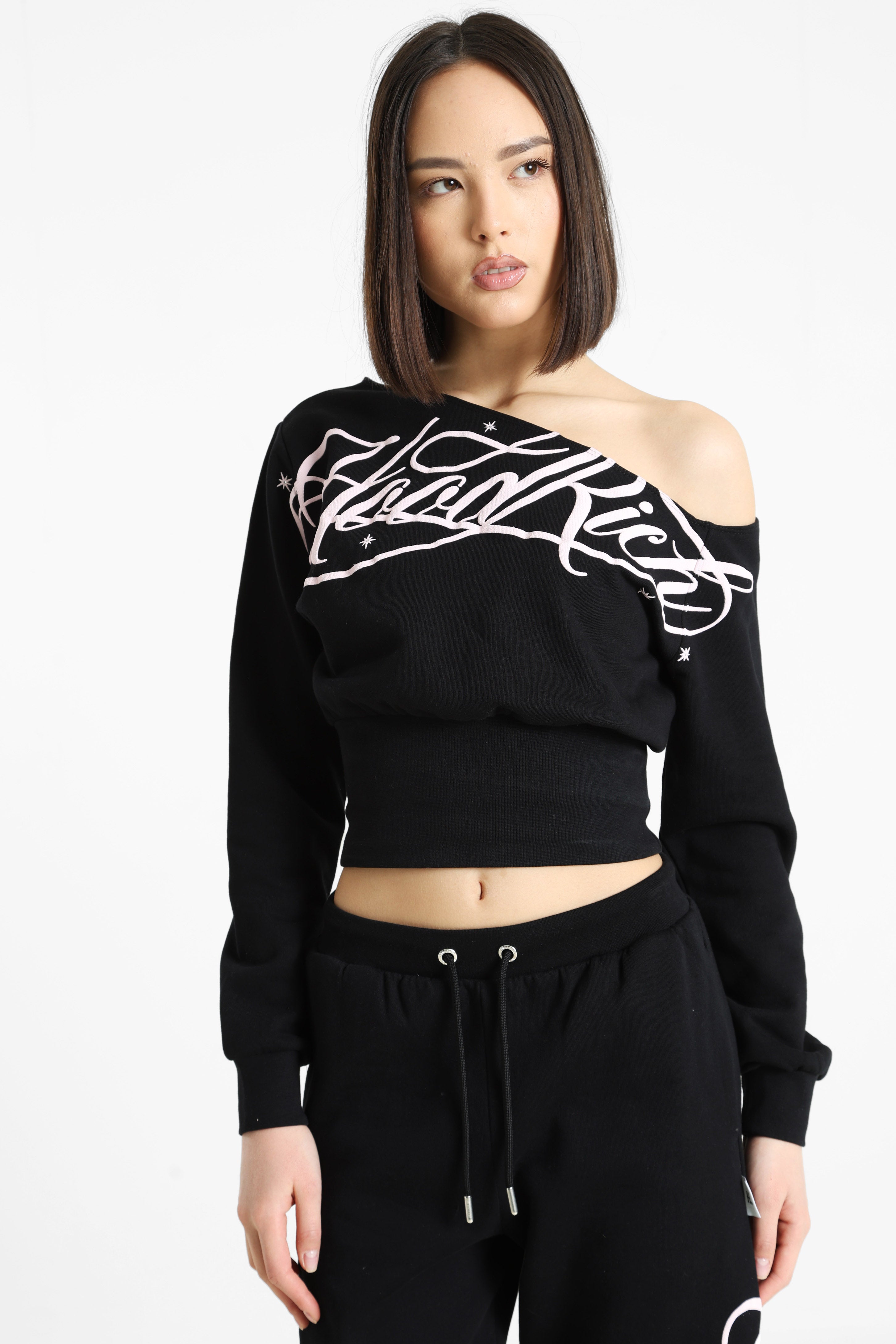 One Shoulder Crop Sweatshirt - Black + Pink