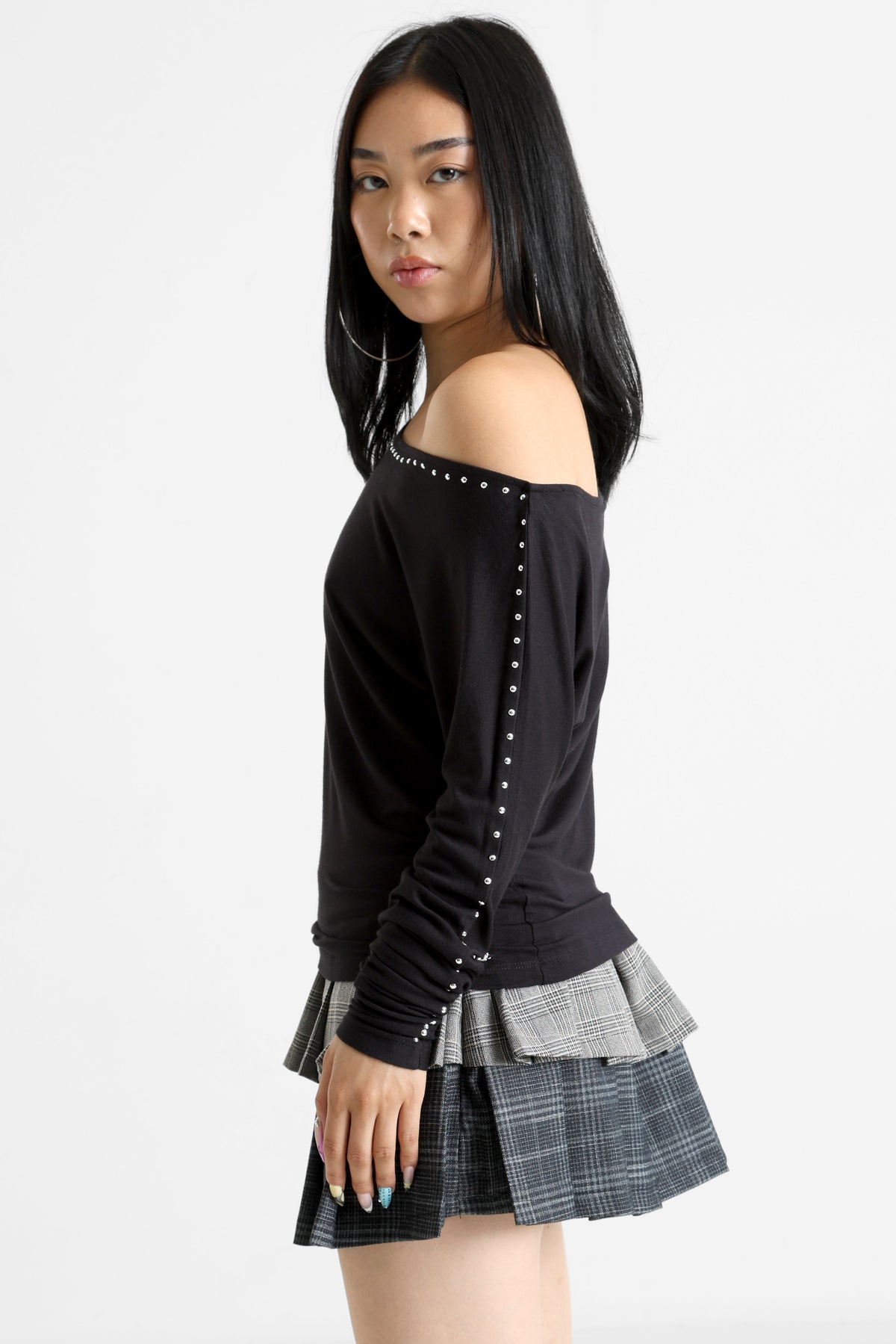 Shirt off shoulder manches longues avec rivets - Black