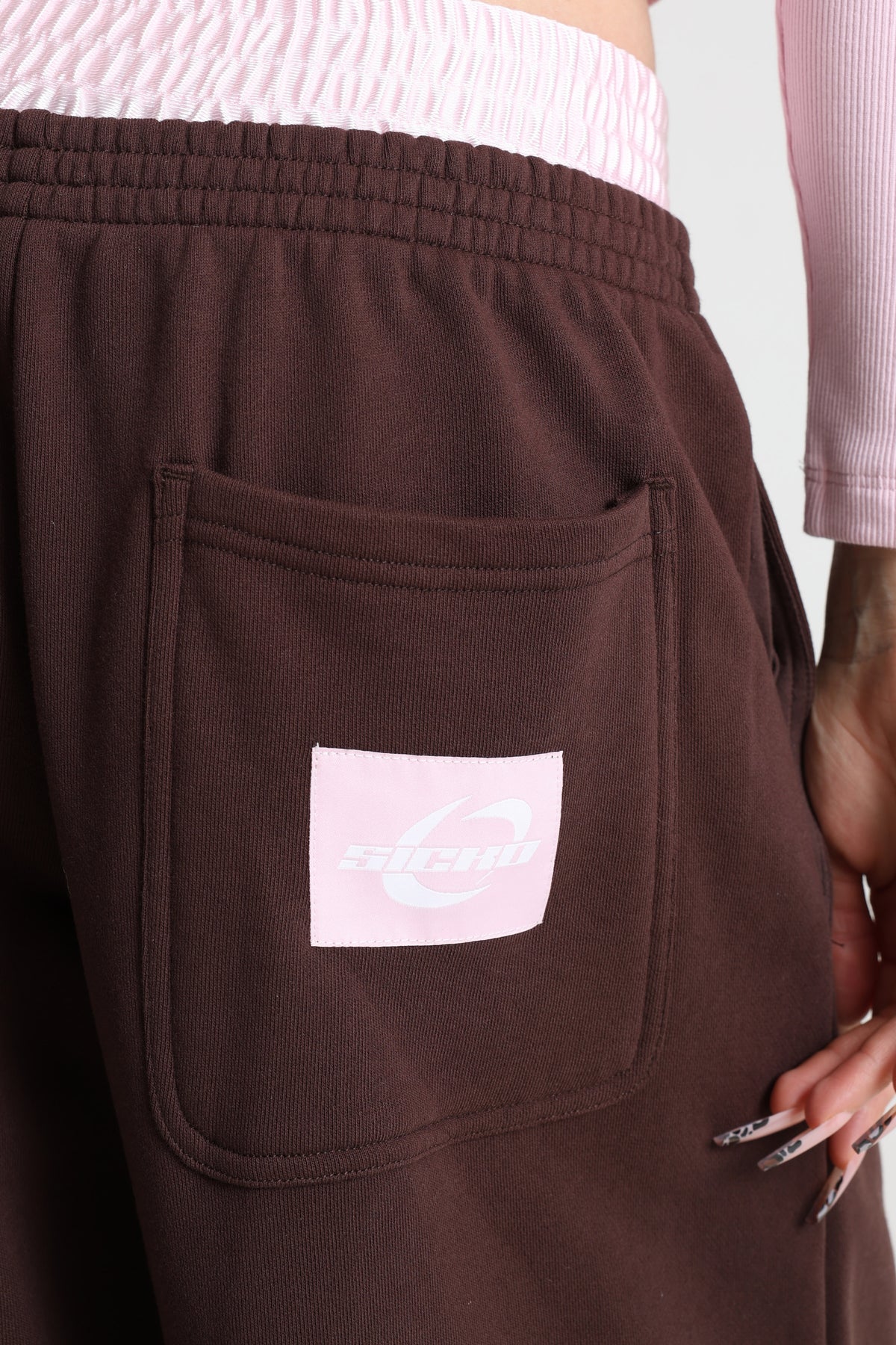 Wide Leg Sweathose - Dunkelbraun + Rosa