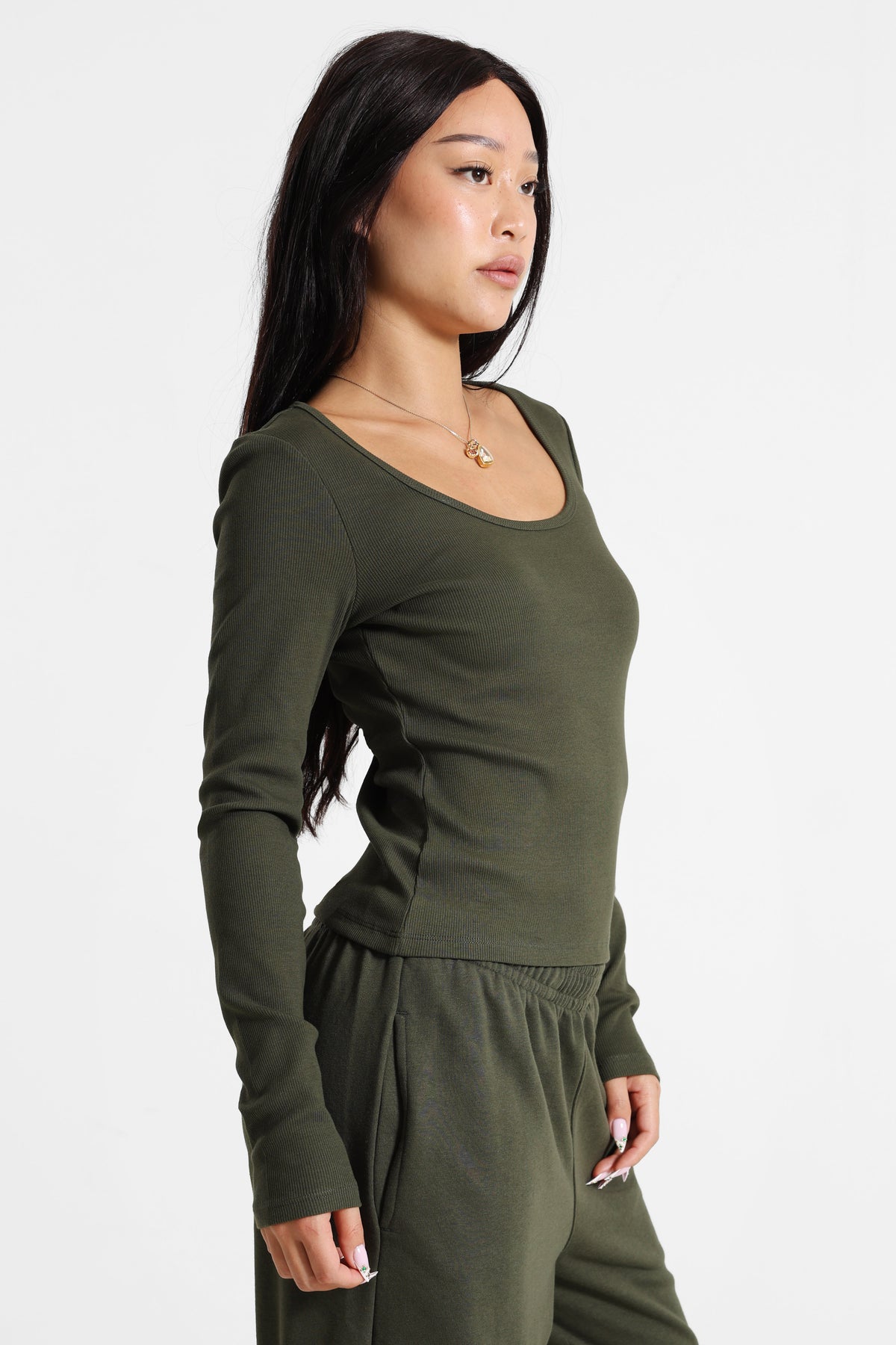 Geripptes Langarmshirt - Olive