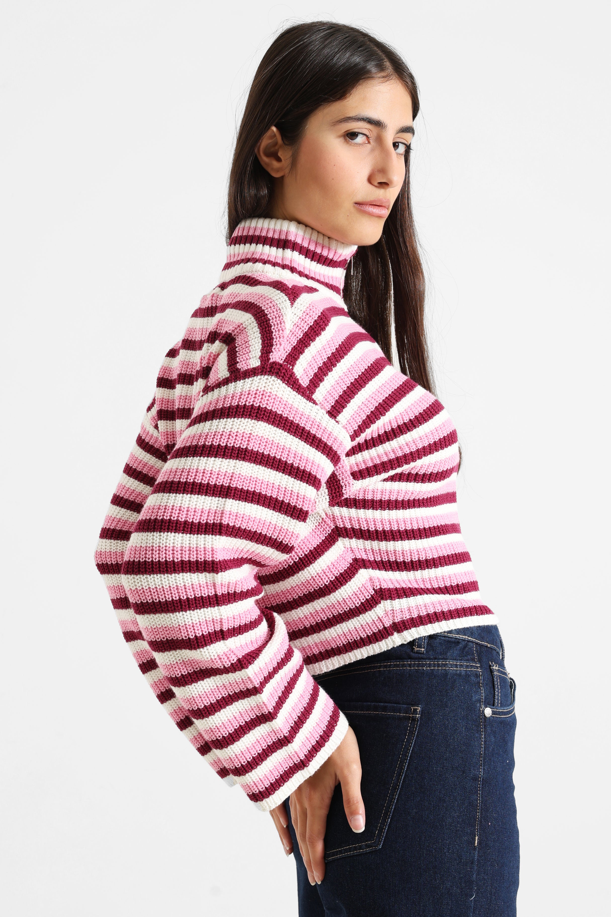 Short knitted jacket - Pink + Offwhite + Burgundy