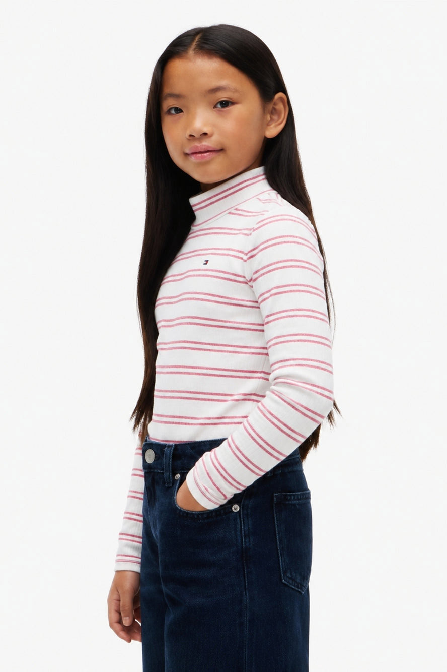 Geripptes Langarmshirt mit Lurexfäden - Offwhite + Pink