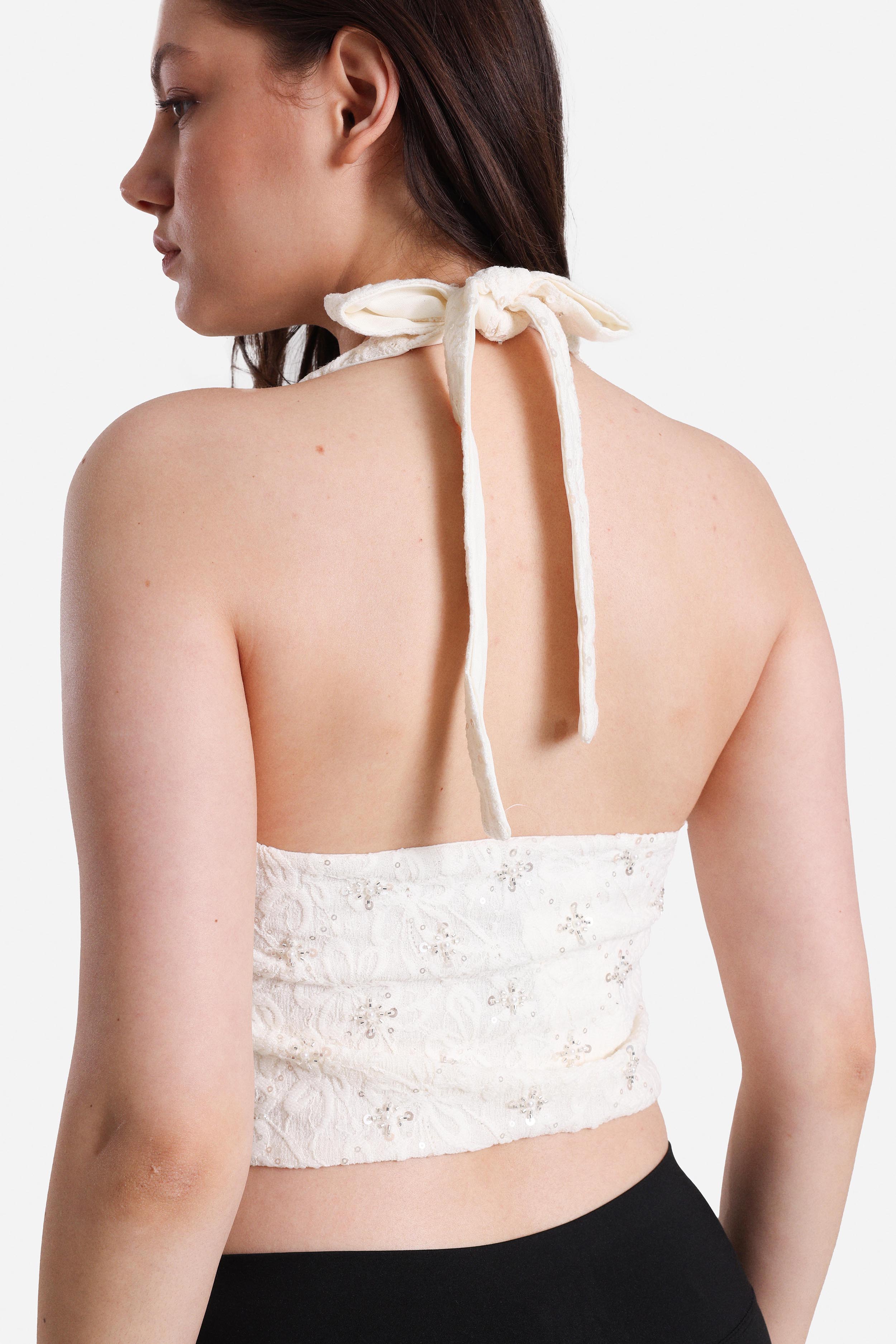 Cropped sequin halter top - Offwhite