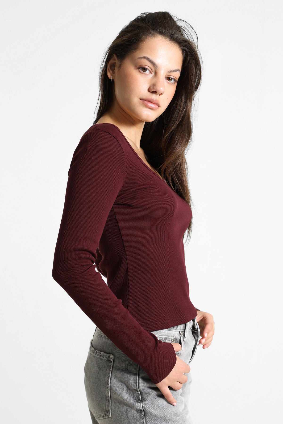 Long-sleeve ribbed shirt - Bordeaux