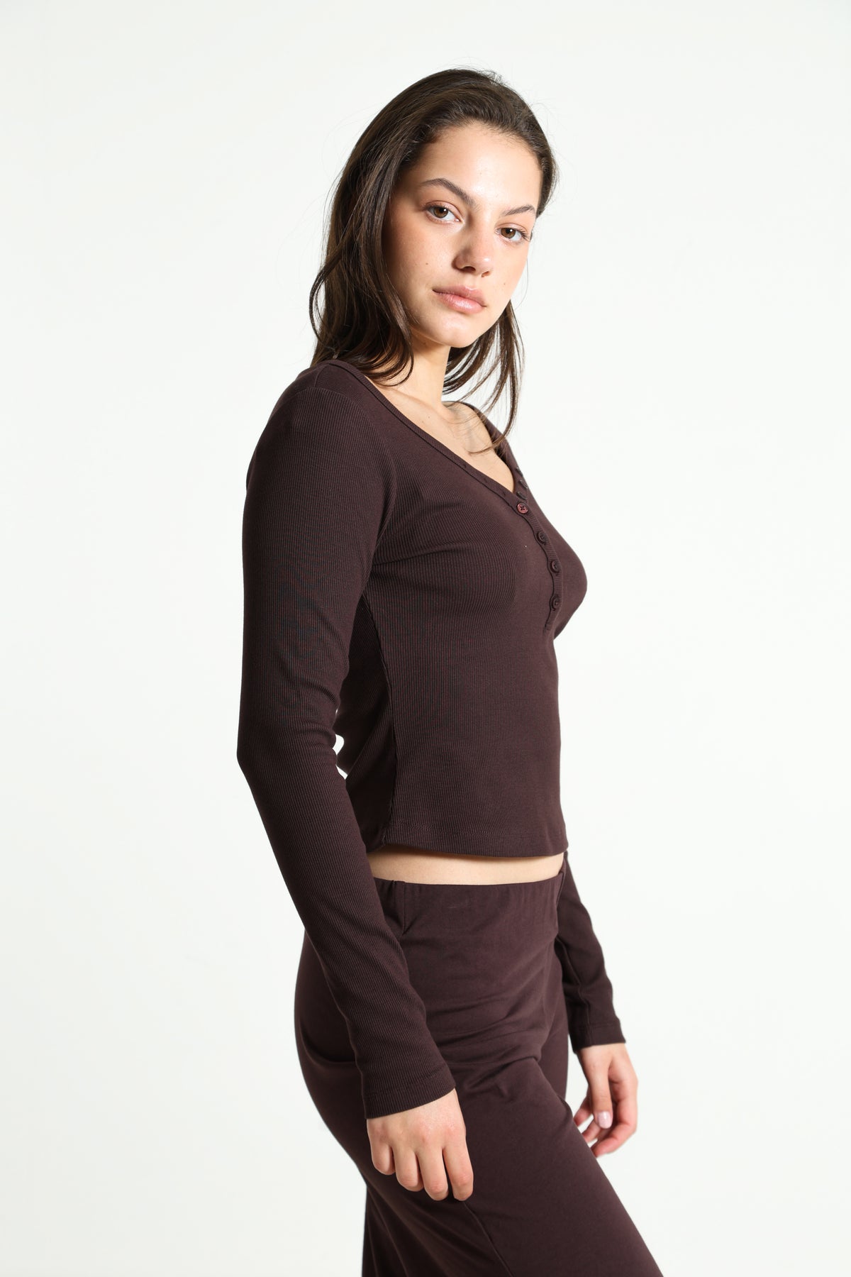 Ribbed long-sleeve cropped shirt - Brun