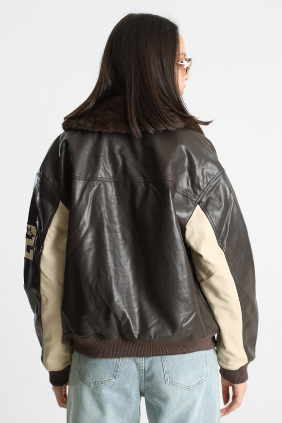 Veste en similicuir Bomber - Marron + Beige