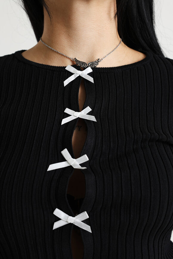 Gerippte Crop Strickjacke - Schwarz